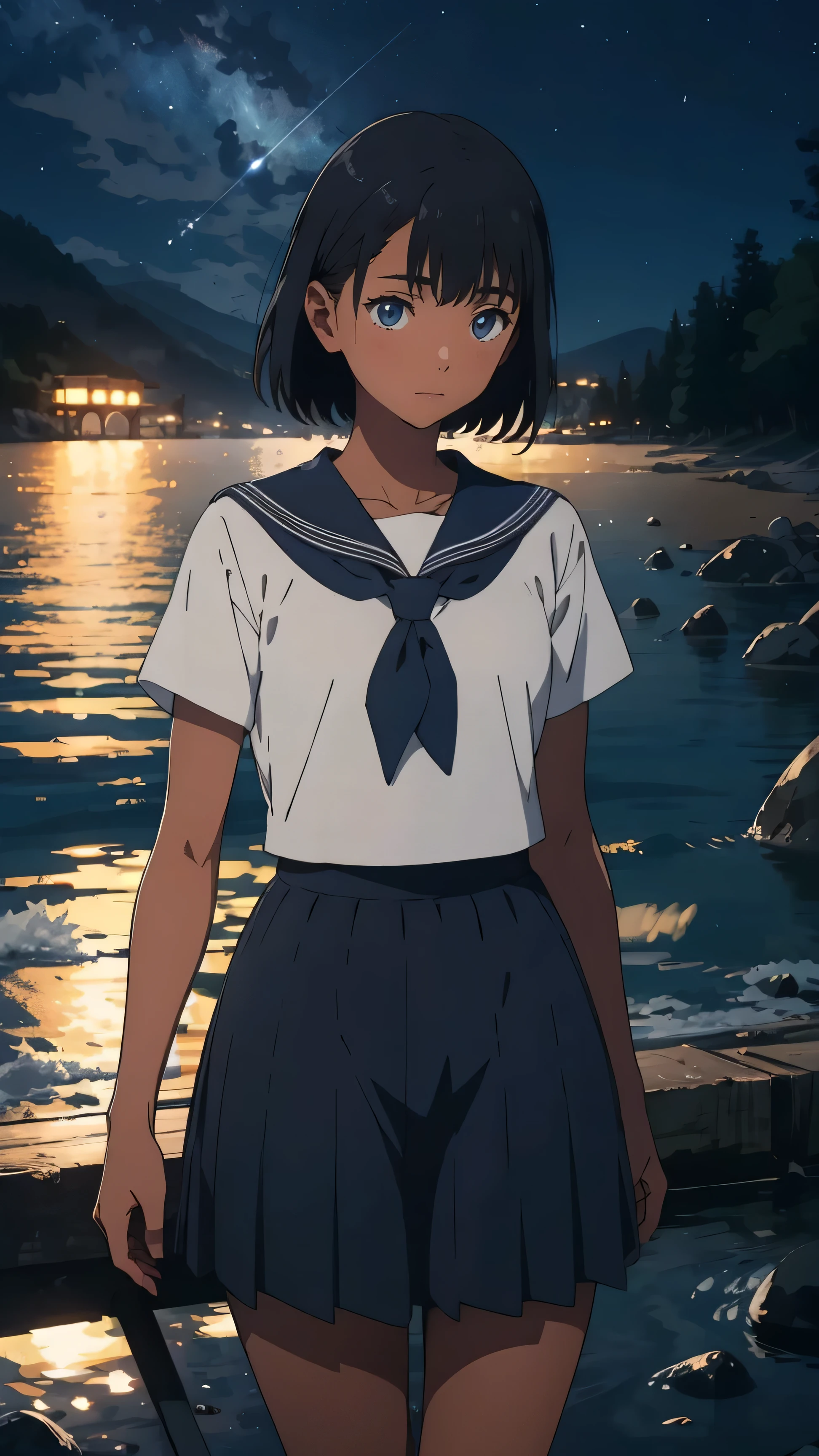{{Kofune Mio}}, {summertime render}, Shining sky blue eyes, Black short hair, calm expression,A faint blush, medium chest , Dark Skin, DARK SKIN WOMAN , white uniform, Short sleeve, black neckerchief , WHITE SAILOR COLOR BLACK PLEATED SKIRT, 1 girl, Alone,very aesthetic, top quality, Great Quality , ,Curation, Illustration, high definition, anime coloring,Night sea background BREAK Blue hour, (Rim Light):1.2, Warm tones, Solar flare, Soft Shadows, vibrant colors, PAINTER EFFECT , DREAMY ATMOSPHERE BREAK BEAUTIFUL OCEAN , Calm water, reflection, Moonlit clouds, Peaceful atmosphere, Beautiful Starry Sky, super detailed, official art, unity 8k , [ "Intertwined, Mandala,(nsfw:1.3)
