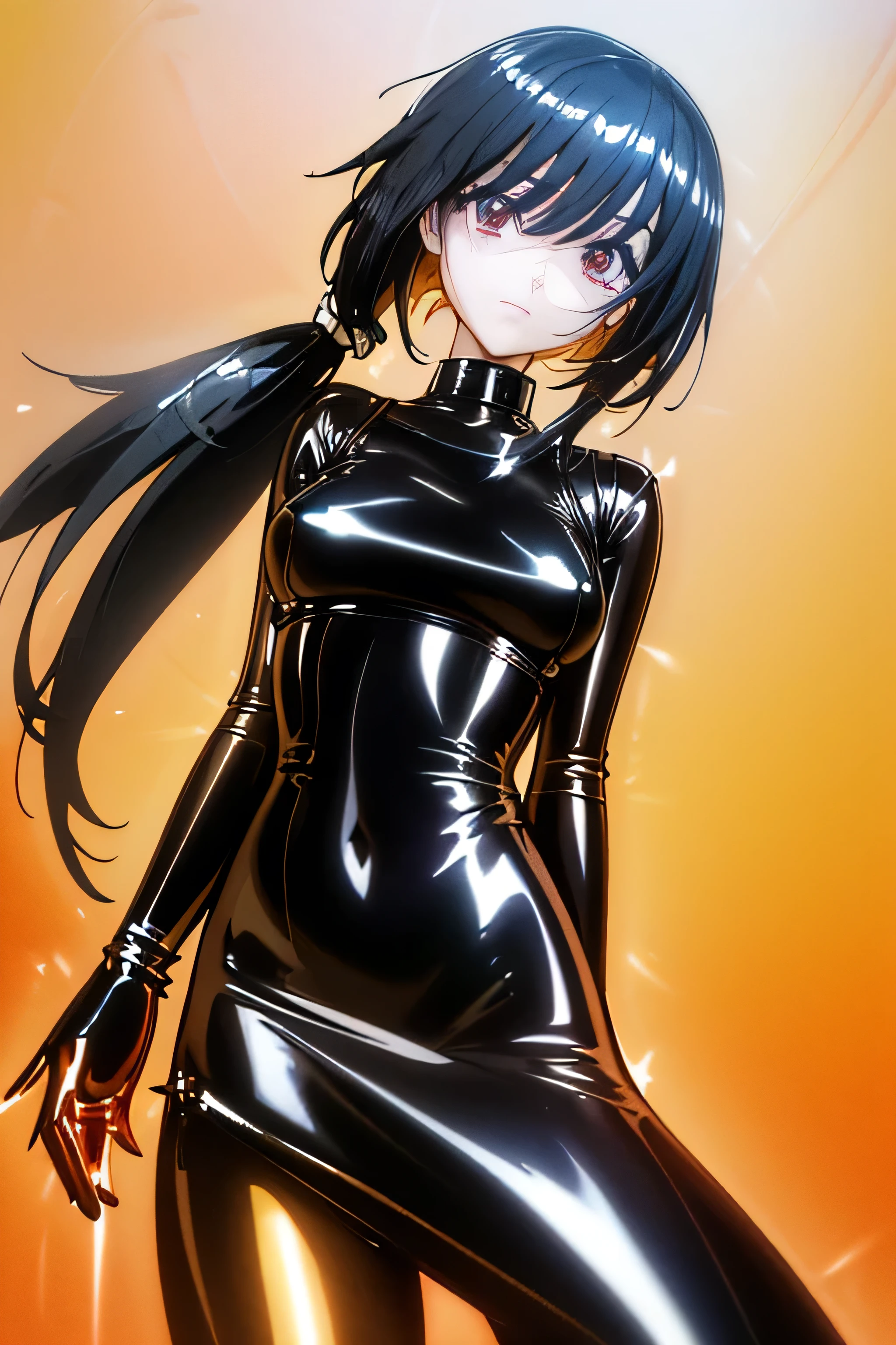 Optimal, masterpieces during breakfast , high definition , top quality,( Cowboy Shots)、 cute face, black hair、 long hair、 twin tails、 has long eyelashes, the outer corner of the eye is hanging down , standing、Thin legs、 white skin,(( other than an airplane:1.5)), ((shiny short tightening patent latex dress:1.5)). (( Beautiful Nipples ))、((Big Breasts:1.5)),