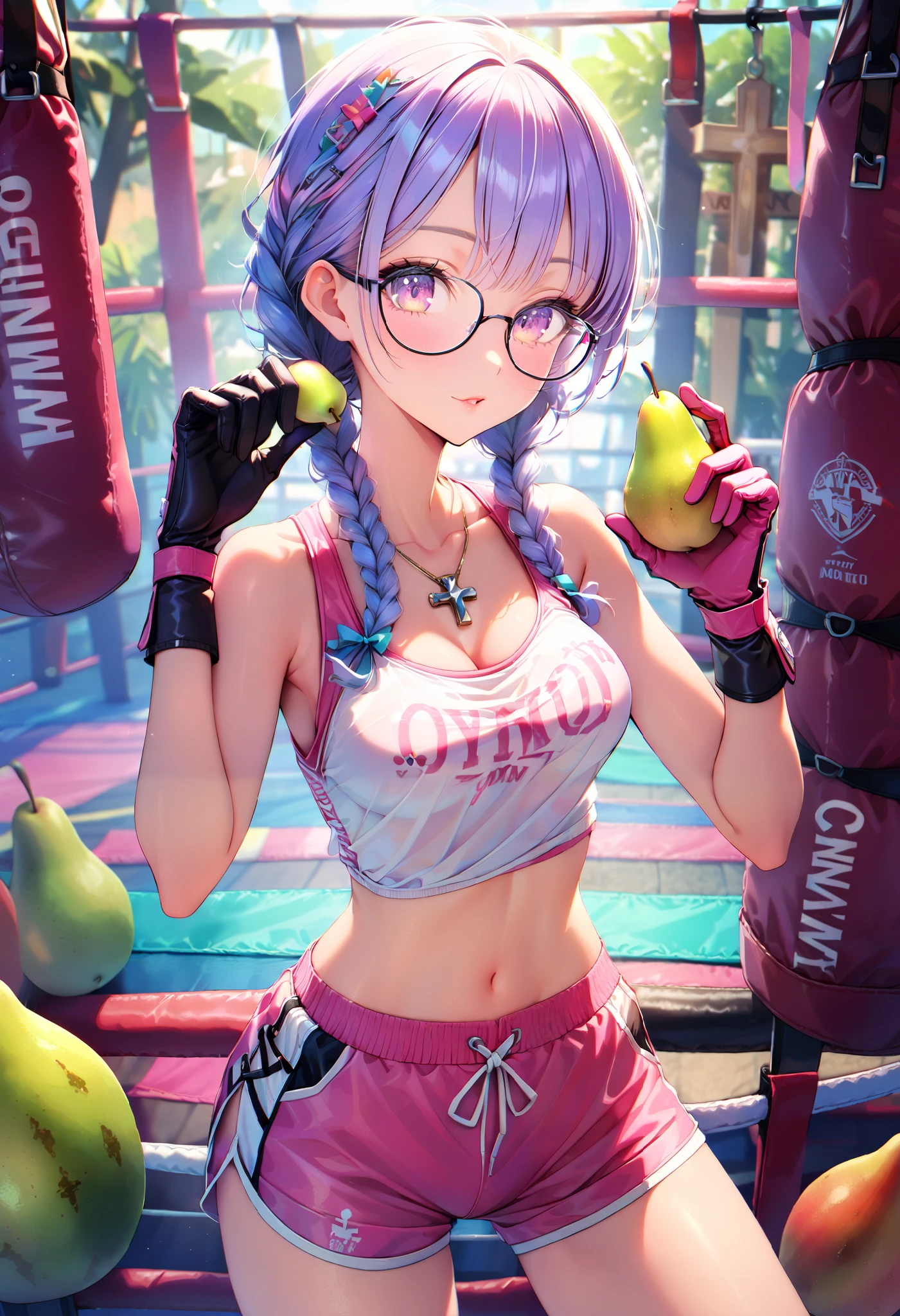  girl , bang, Braids, glasses, barrette , Pear in hand , shorts, mother, crosses,  sexy, gloves,  Von Boxing Gym, summer, bright colors,  best quality ,  Complex details , 8 k,  Maximum details ,