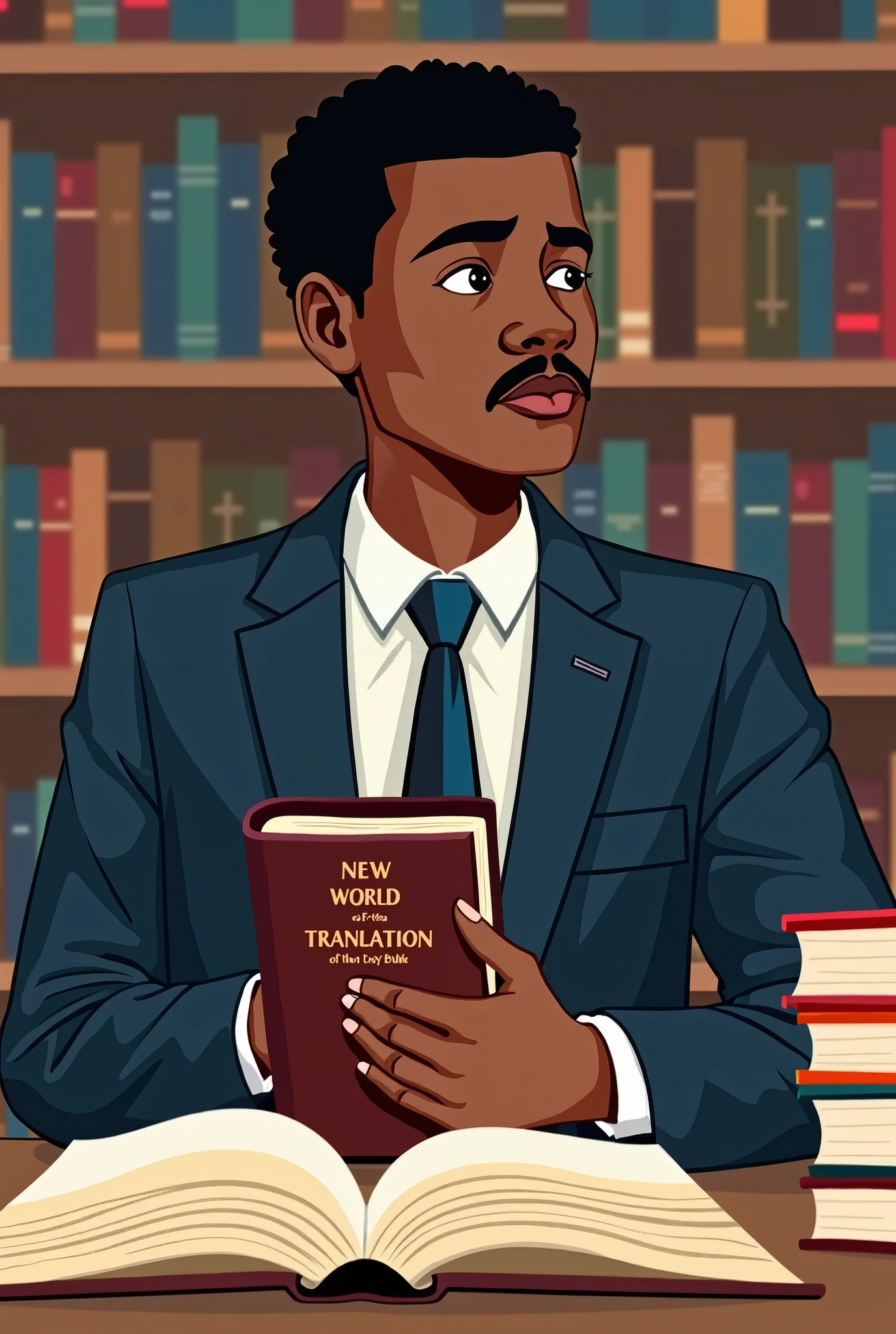 Strong and handsome black teacher smiling, teaching in the classroom wearing white underwear with “MOCANO” written in capital letters on the elastic of his underwear and holding an open book in his hand.