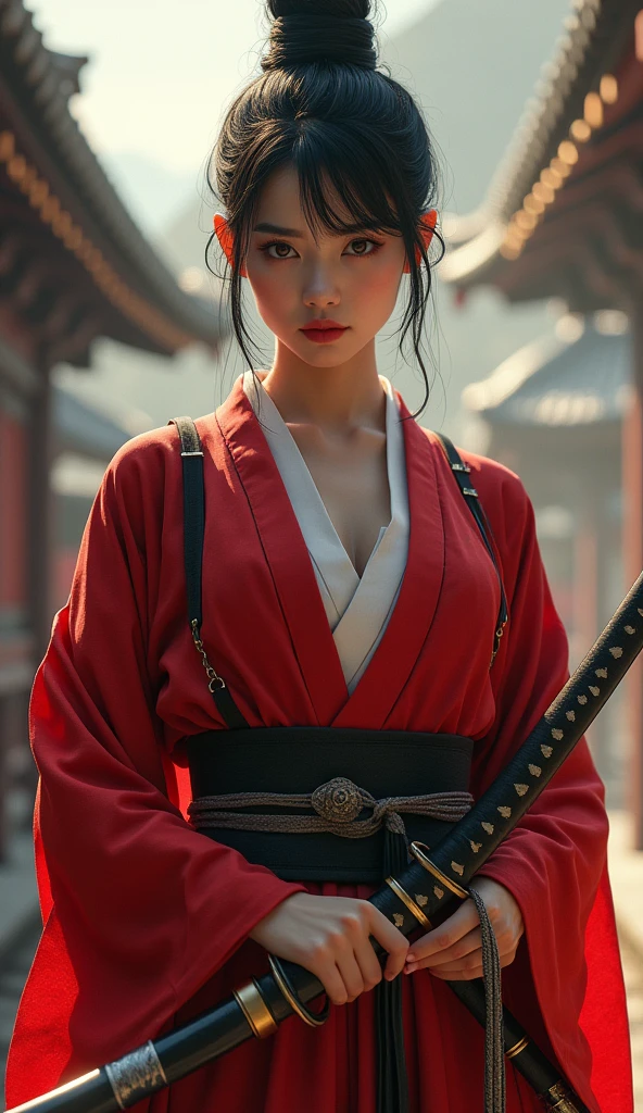 Samurai girl, short black hair tied back, wearing Japanese red kimono and black hakama, two Japanese swords across her waist, ((masterpiece, highest quality, Highest image quality, High resolution, photorealistic, Raw photo, 8K)), ((Extremely detailed CG unified 8k wallpaper)), (huge stunning goddess shot, very hot and sexy, jaw-dropping beauty, perfect proportions, beautiful body, slim body beauty:1.4),