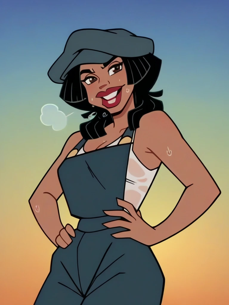 cleo, 1girl, solo, hoop earrings, cleavage, long hair,smile,white tank top, black eyes, black skirt, lipstick, armlet, bangs, score_9, score_8_up, score_7_up, score_6_up, score_5_up, score_4_up, looking at viewer, hand on own hip, cowboy shot,simple background,