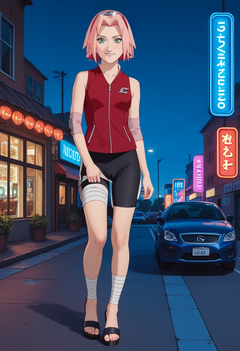 masterpiece, highest quality, Highest image quality, High resolution, photorealistic, Raw photo, 8K)), arafed view of a motel, with a car parked in front of it, with neon signs,  NARUTO_Sakura_Combat_ownwaifu,
1girl, (((nude))), (((nsfw))), haruno sakura, ((small breast)), small breasts, slim body, beautiful body, beautiful legs, young, teenage, short hair, pink hair, green eyes, hair intakes, collarbone, forehead protector, headband, red hairband, konohagakure symbol, bike shorts, black shorts, shorts down, panties down, virgin pussy, beautiful pussy, nipples, leg wrap, bandaged leg, elbow pads, zipper, zipper pull tab, embarrassed, tears, forced smile, upper body 
((masterpiece)),((best quality)),(highres, absurdres), original, official_art, window, dark sky, dark atmosphere, night time, looking at viewer, solo, standing, shinobi sandals, some have neon signs, neon lights outside, neon advertisements, gigantic neon signs, neon shops, 