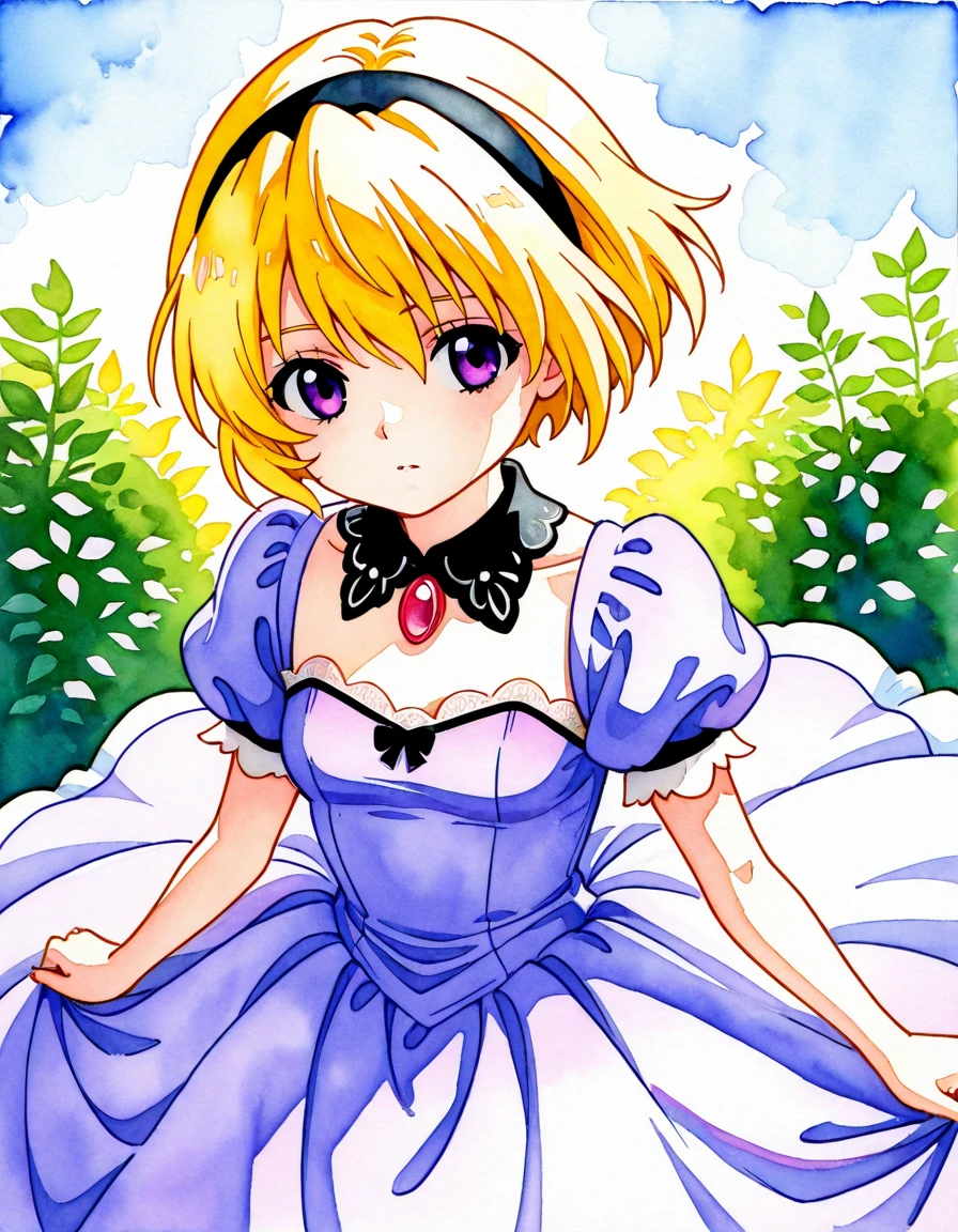 watercolor, Directions_Satoko,  1 girl, Alone,  blonde hair ,  headband,  dress,  short hair, princess  dress,  purple eyes, black  headband, bangs, small breasts, whole body, garden