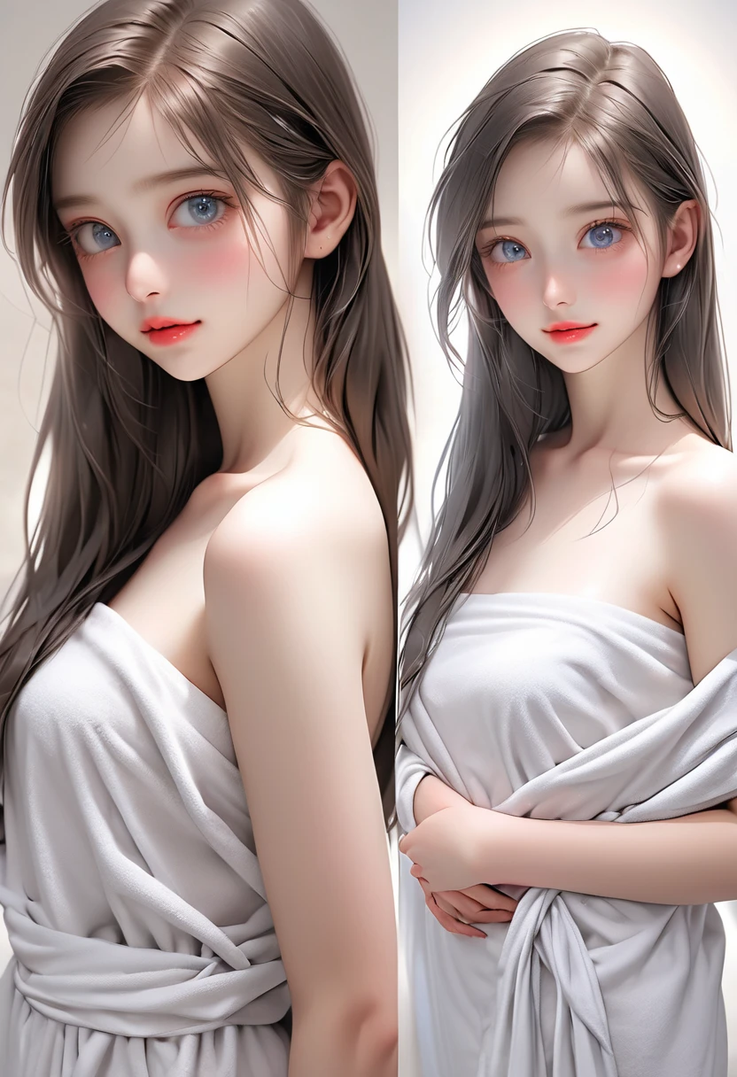 woman, black messy long hair, ((rainbow eyes)), naked body, White linen in bed, ((photograph, raw 1:2)) White linen covering the body, garden background, cloud, ((detailed face)), [extreme detailed colors eyes]