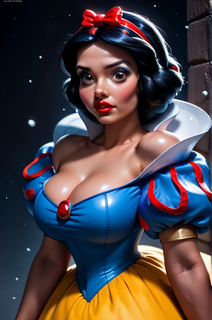 (Disney Princess Snow White is suffocating a human man in her breasts:1.5), Princess Snow White is beautiful young woman, she has short black hair, and possesses captivating brown eyes, supple red lips, and a sculpted figure. (She wears a gown with a dark blue simply designed bodice with a yellow skirt, large puffy off-the-shoulder sleeves:1.4), she has gigantic breasts:1.4), (She is smothering a man in her breasts:15), (the man’s head is fully in between Snow White’s breasts:1.3), 