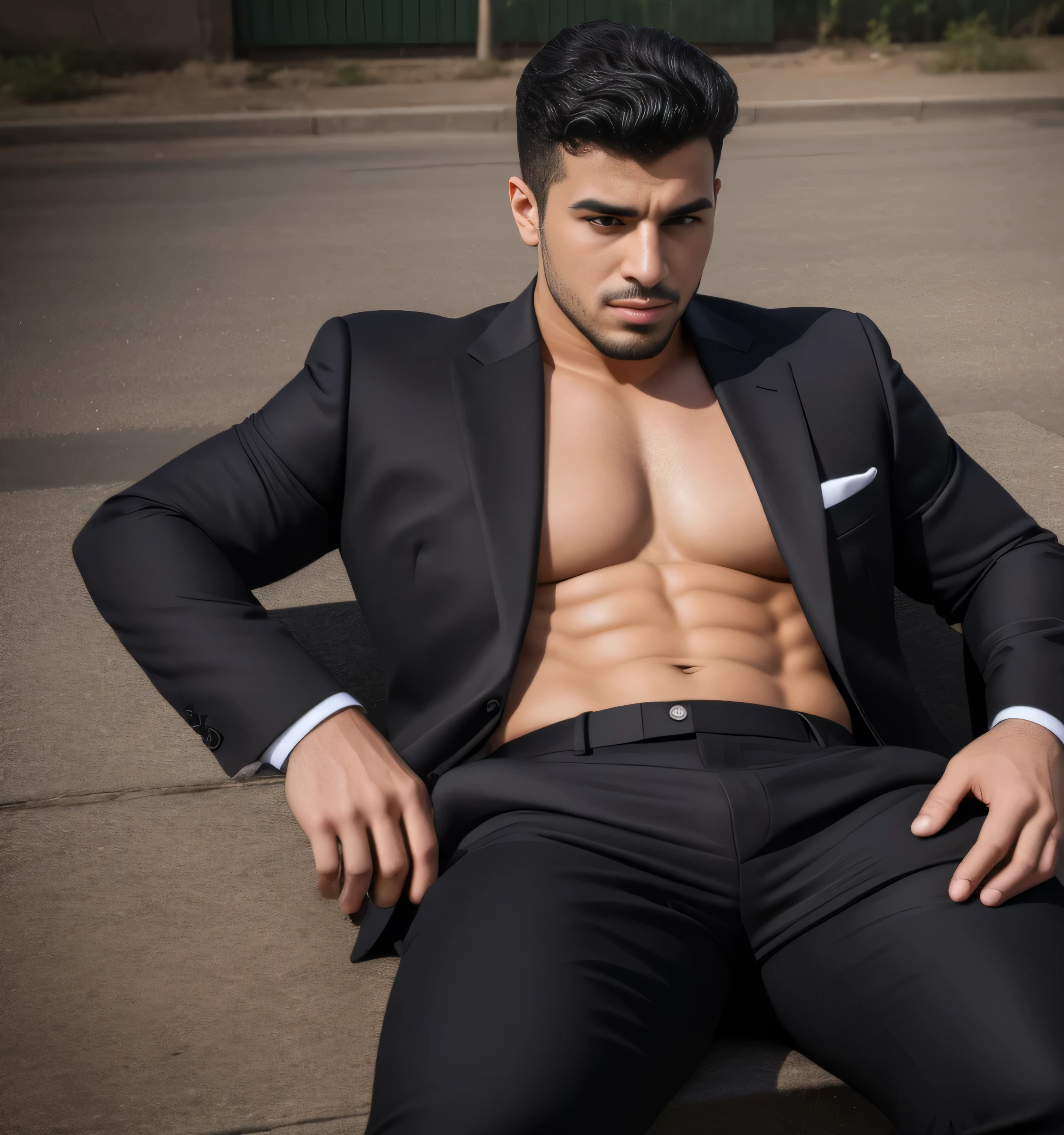 Handsome guy with abdominal muscles in compression clothing