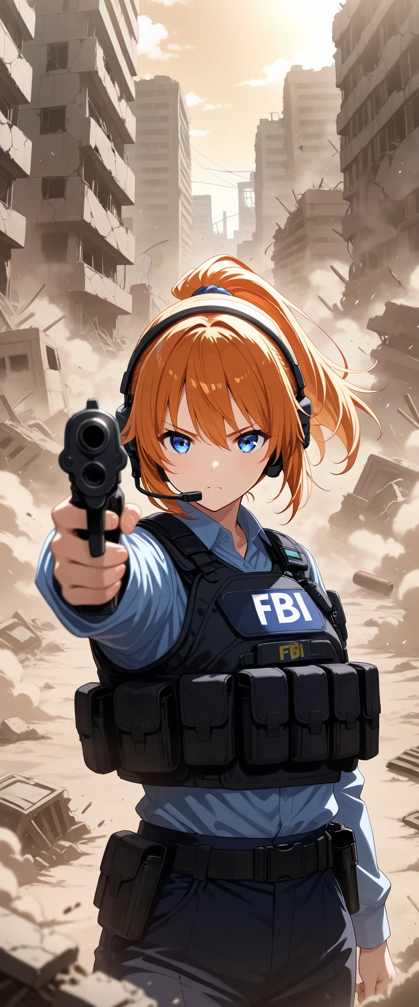 One Woman, Ponytail,Beautiful Eyes,Beautiful Hair,Beautiful Skin,Beautiful Face,serious,whole body,(pointing pistol:1.6),Pistol,("FBI"),shirt,Black bulletproof vest,Combat Boots,Black Tactical Forster,Tactical Headset,(The background is the rubble of ruins),(depth of field),(Dust dances ),( Dynamic:1.3),( upper body up ),(Close-up of the gun barrel),(美しい瞳),(風になびく髪:1.0)