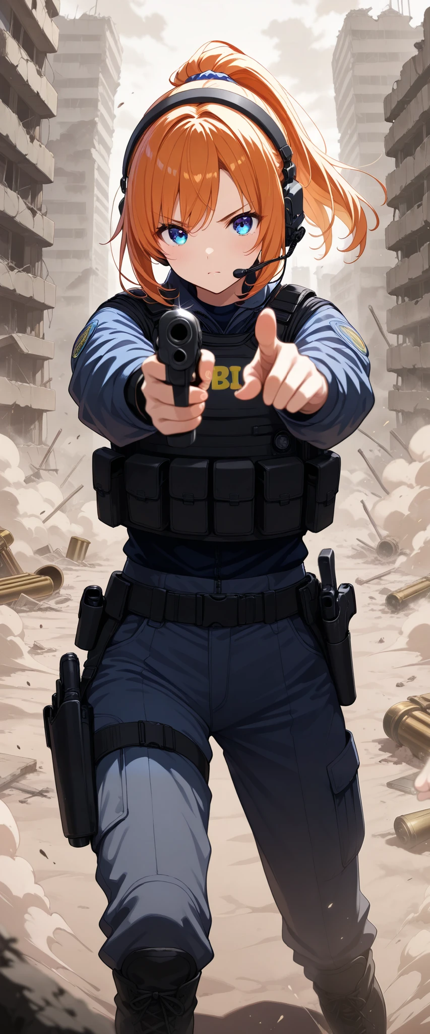 One Woman, Ponytail,Beautiful Eyes,Beautiful Hair,Beautiful Skin,Beautiful Face,serious,whole body,(pointing pistol:1.6),Pistol,("FBI"),shirt,Black bulletproof vest,Combat Boots,Black Tactical Forster,Tactical Headset,(The background is the rubble of ruins),(depth of field),(Dust dances ),( Dynamic:1.3),( upper body up ),(Close-up of the gun barrel),(美しい瞳),(風になびく髪:1.0)