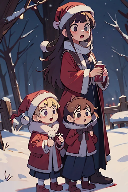 ren, three ren, carolers, caroler clothing, winter, winter background, night