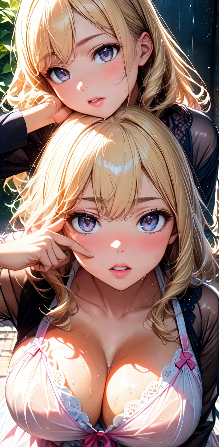 (masterpiece, best quality, absurdres), high quality, highres, ultra detailed, intricate, cinematic lighting, wallpaper, soft lighting, night, close-up, looking at viewer, beautiful woman, 1girl, parted lips, kei Karuizawa, small breasts, blonde hair, bangs, ponytail , detailed violet eyes, ((Super Realistic Detailed Eyes, glowing eyes)), tanktop, Cleavage, hand raiser, bangs, one hand side up, star-shaped pupils, arm raiser, peace sign hand, perfect fingers, perfect hands
