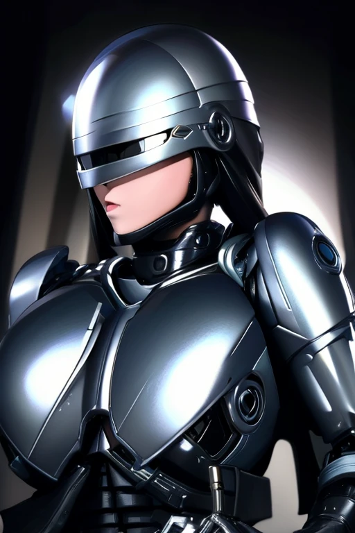 High-quality, (complete image)  A cool and charming face, RoboCop armor,  RoboCop helmet,  A beautiful and sexy young woman, 18 years old,  Toned and muscular,  Cool and attractive,  Sharp eyes,  Big breasts.