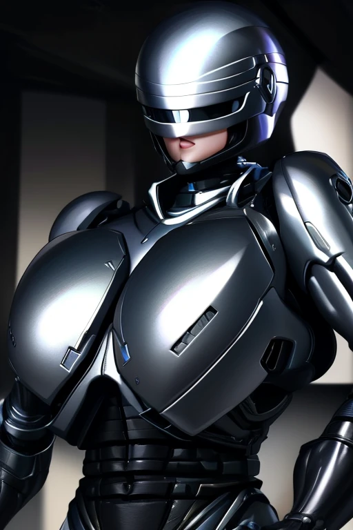 High-quality, (complete image)  A cool and charming face, RoboCop armor,  RoboCop helmet,  A beautiful and sexy young woman, 18 years old,  Toned and muscular,  Cool and attractive,  Sharp eyes,  Big breasts.