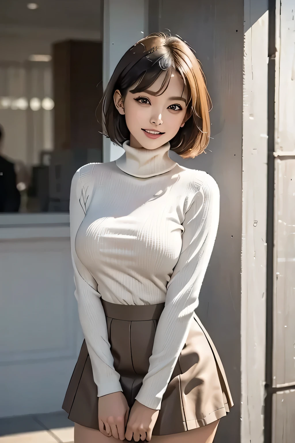 ((masterpiece)), (( top quality)), (( complicated)), ((超 realistic )), ( realistic ), (mature), ((There are no classes)),  very detailed,  1 girl, ( big breasts),  eyelash ,  double eyelid , (Beautiful Teeth),  bob hair,  Brown Eyes , (light yellow long turtleneck), ( red tight mini skirt ), ((Thighs)), ( stockings ), (background: underground), detailed background,  perfect eyes,  charming eyes,  Staring at the Audience 