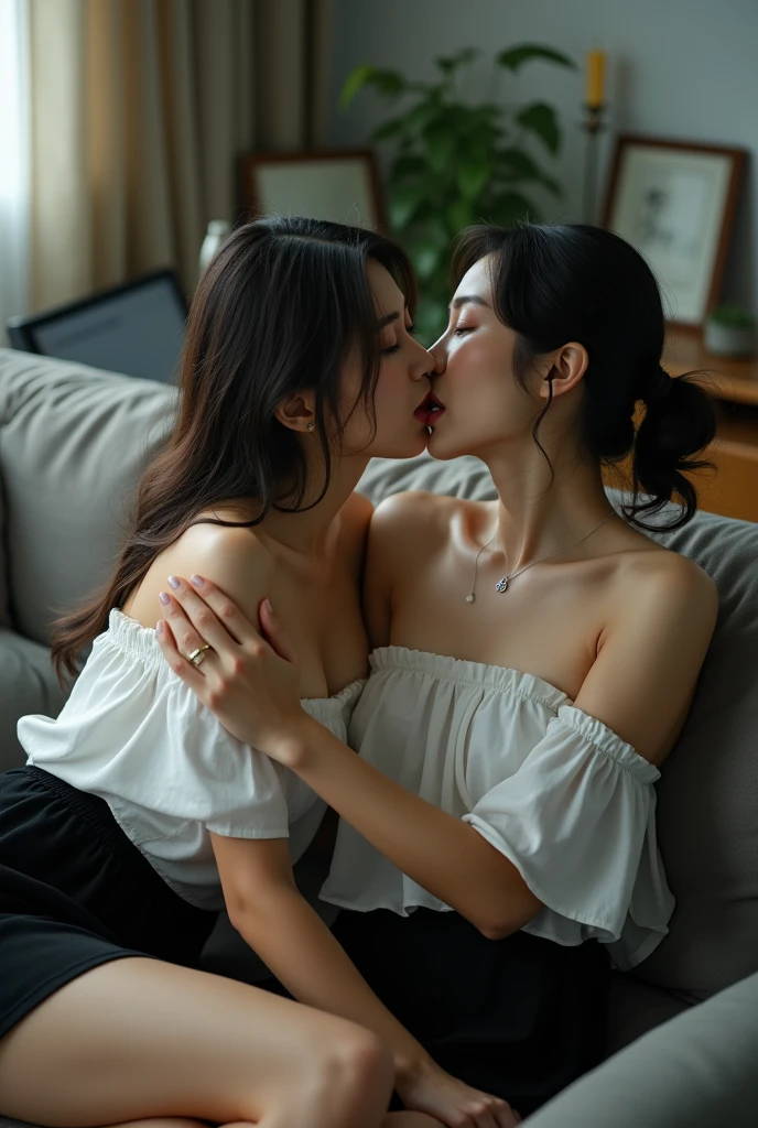 An ultra-high picture quality、Natural brightness、a beauty girl、Two girls kissing while sitting on bar stool cushions, White panties,straight haired、Colossal tits、Reveal your legitimate skin type、Hair swaying in the wind、NSFW、Show、Black pubic hair 、bunnygirl