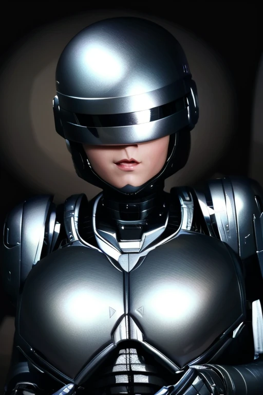 High-quality, (complete image)  A cool and charming face, RoboCop armor,  RoboCop helmet,  A beautiful and sexy young woman, 18 years old,  Toned and muscular,  Cool and attractive,  Sharp eyes,  Big breasts.