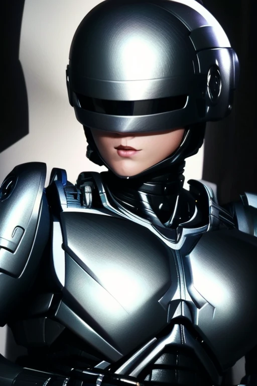 High-quality, (complete image)  A cool and charming face, RoboCop armor,  RoboCop helmet,  A beautiful and sexy young woman, 18 years old,  Toned and muscular,  Cool and attractive,  Sharp eyes,  Big breasts.