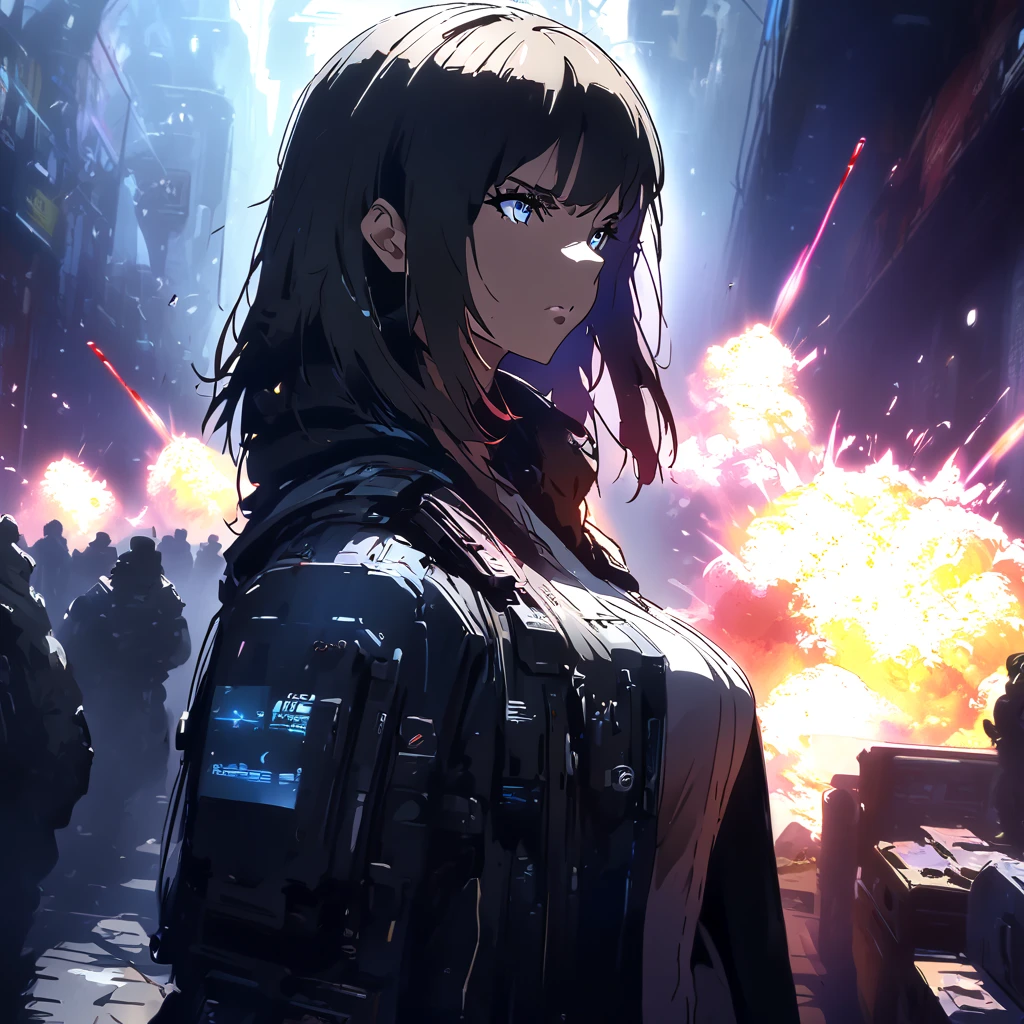 Eros、Beautiful mature woman(2 people)、fight(Slash each other)、Lightsabre、 cyberpunk style 1.2、null、anime art style 1 .2、Side view、air、explosion、 Highest Masterpiece、 top quality、High Resolution、 big breasts、Serious、