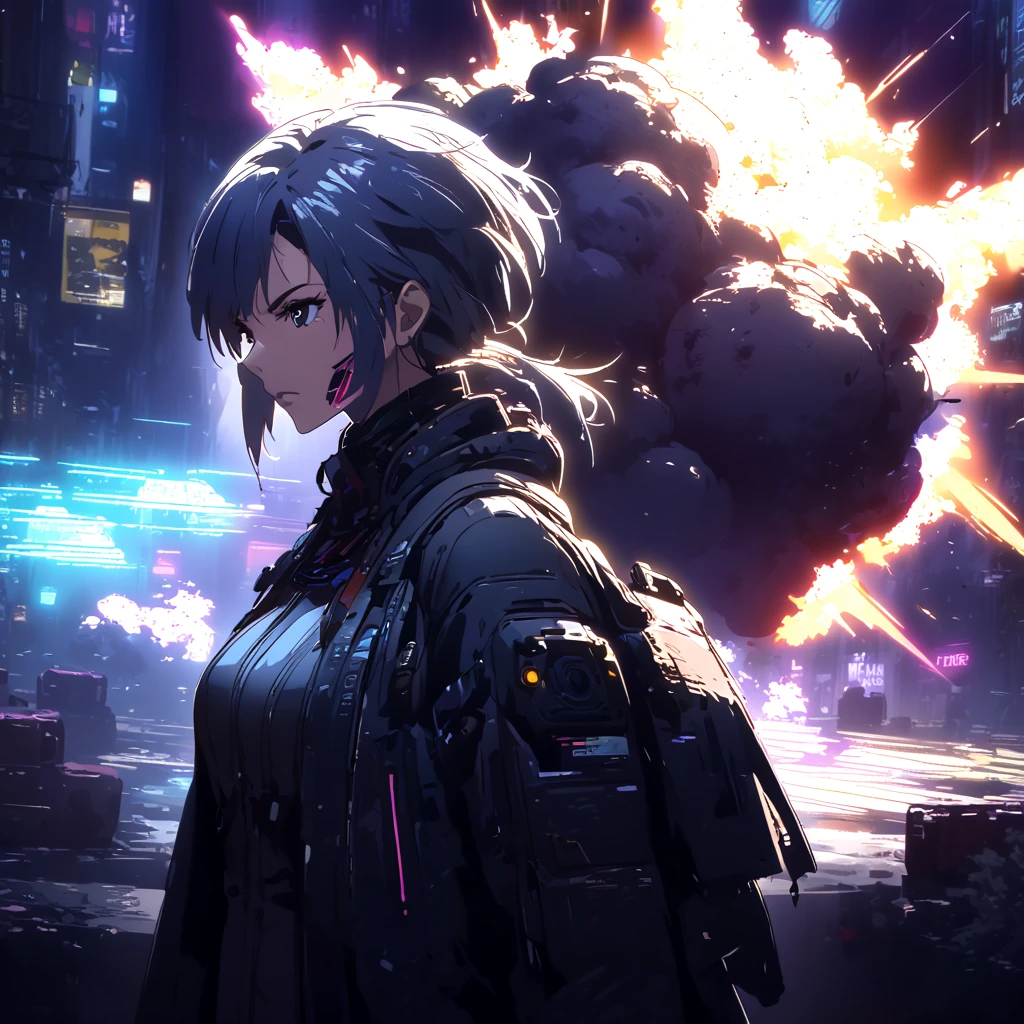 Eros、Beautiful mature woman(2 people)、fight(Slash each other)、Lightsabre、 cyberpunk style 1.2、null、anime art style 1 .2、Side view、air、explosion、 Highest Masterpiece、 top quality、High Resolution、 big breasts、Serious、