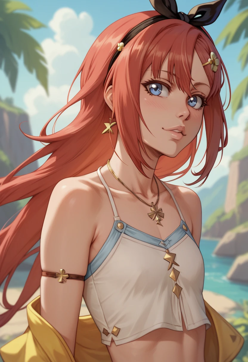 masterpiece, rich colors, Best quality, detailed, high resolution, Hyper quality, high detail, , high quality, detailing, skinny sexy girl on the beach , bright lighting , green eyes, Anime, palm trees, bright lighting, redhead,