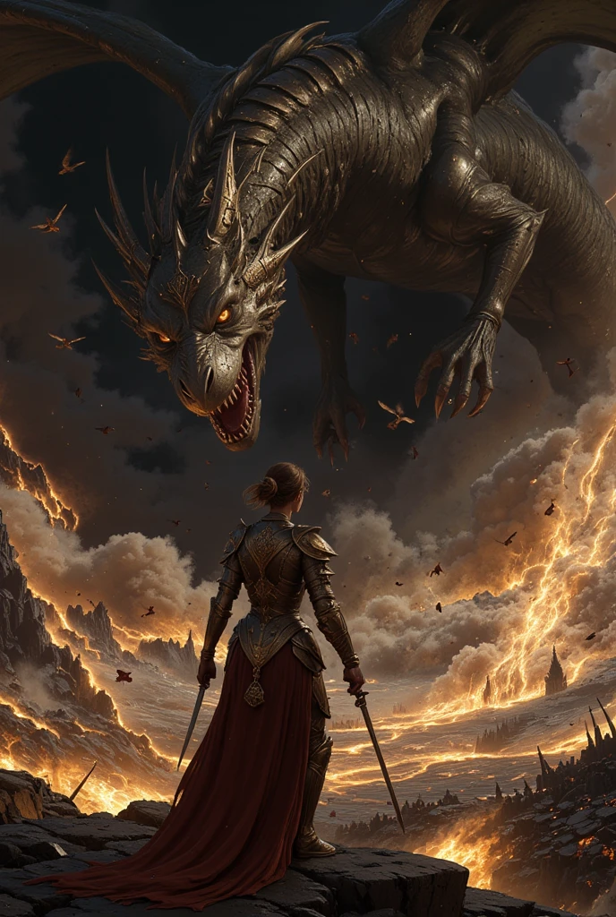  a fantastic picture , wallpaper,  Epic scene ,  Dragon and Knight Girl ,  A huge Hurricane is coming over them,  lightning, the bright colors of , Birds Fly,  The Dragon Breathes Fire, Burning the Earth ,  The huge scale of what is happening ,  The girl with the Bundle of tied hair ,  Heavy beautiful armor , two blades in the hand , summer day,  Sunny as it goes to sunset , 8 k,  masterpiece ,  Complex details ,  complex textures ,  maximum Quality,  Best quality ,