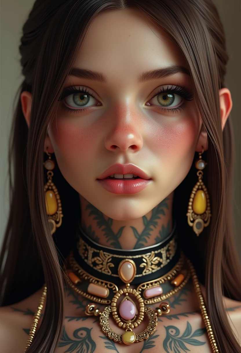 "A hyperrealistic close-up portrait of xevbell with long, sleek brown hair cascading down her shoulders. Her facial features are strikingly defined, with expressive eyes and soft, natural skin texture. She is adorned with intricate and luxurious jewelry: ornate necklaces, layered bracelets, and dangling earrings with gemstones that catch the light. Her face and neck are decorated with beautiful, artistic tattoos featuring floral and geometric designs, blending seamlessly with her jewelry. The image is extremely detailed, capturing every strand of hair, the glint of metal, and the texture of her tattoos with lifelike precision."