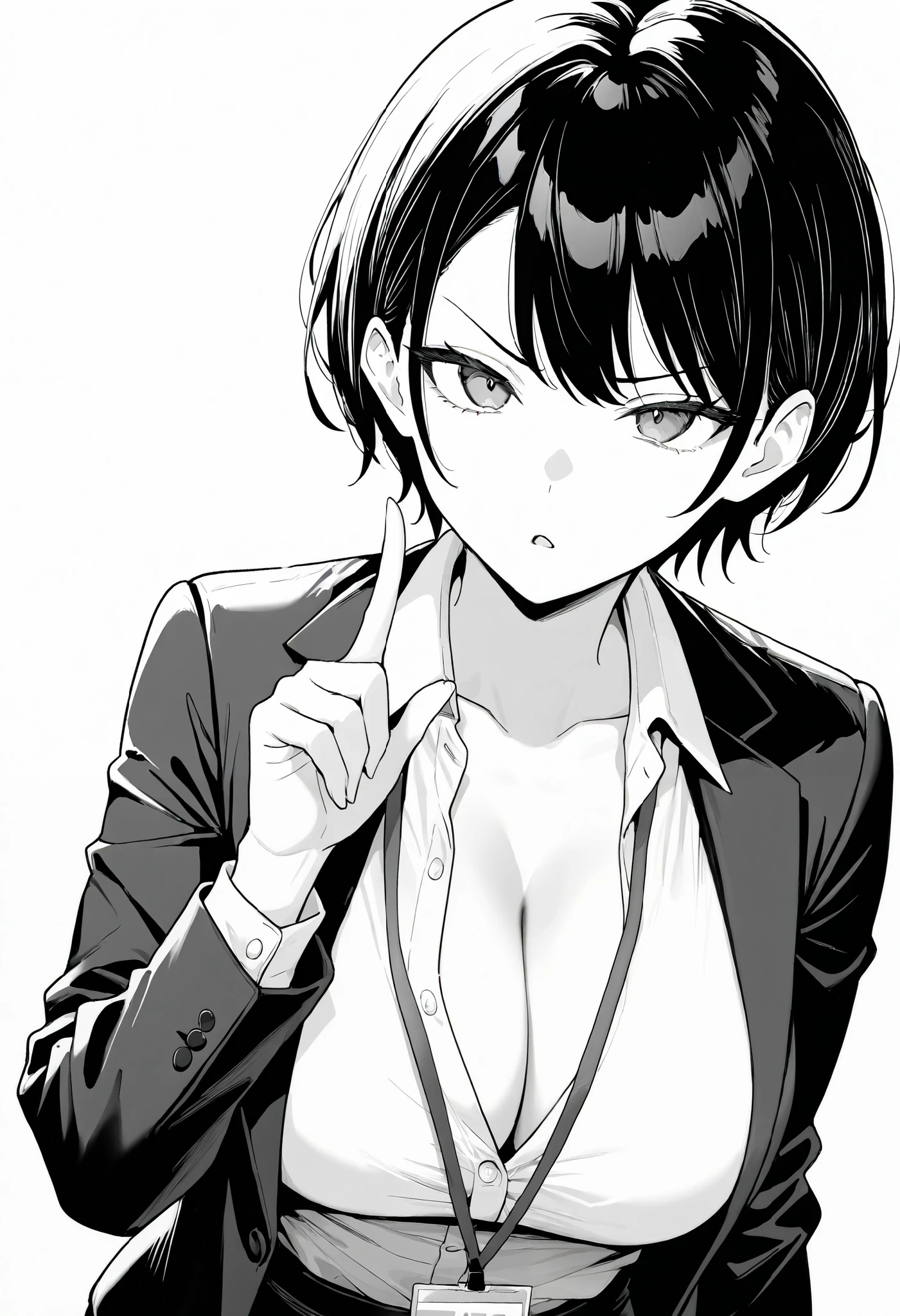 1girl, sensitive, grayscale, upper body, looking at viewer, office lady, short hair, large breasts, cleavage, collared shirt, open jacket, standing, index finger raised, annoyed, parted lips, white background, masterpiece, best quality, very aesthetic, absurdres