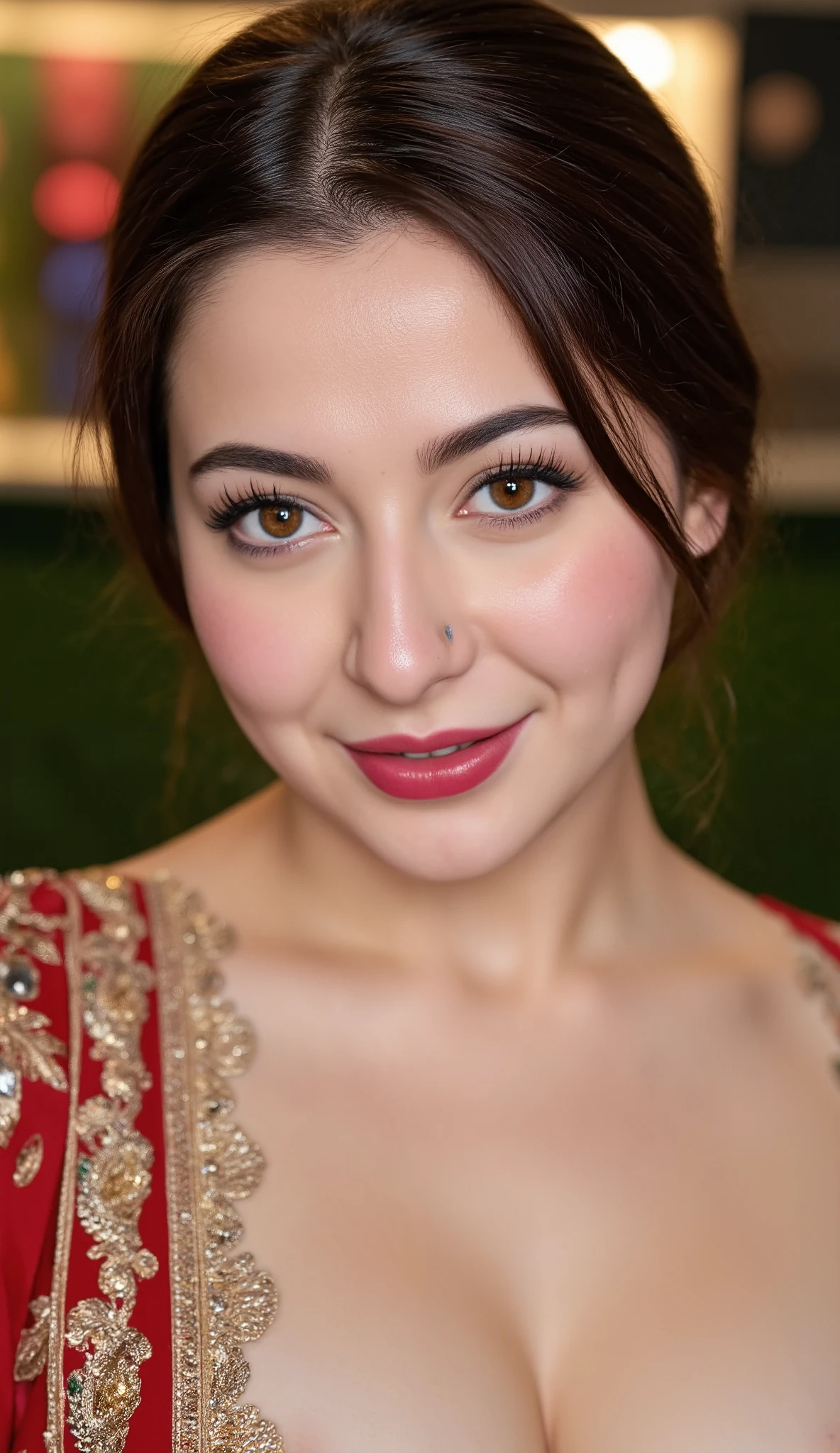 1 girl, alone, solo, busty Pakistani (Hania Amir),(big breasts), Hyperrealism, (smiling with dimples), with intricate details of the iris and lashes,. Her honey-colored eyes contrast with her face, which is accentuated by the red lipstick applied to her slightly parted lips. The overall artwork exudes an air of mystery and charm.detailed and brilliant golden eye with surprising results, in local market, hourly glass figure, crowded bazaar, (Pakistani print shiny satin plain bridal wear:1.3) tight traditional wedding silk dress, natural breasts, (skin hugging Pakistani shiny bridal top), milky skin, (round deep neck dress), pale skin, (plain shirt:1.4), soft shadows ,(dimples:1.3) SkinDetail ,snap by greg rutkowski, ()