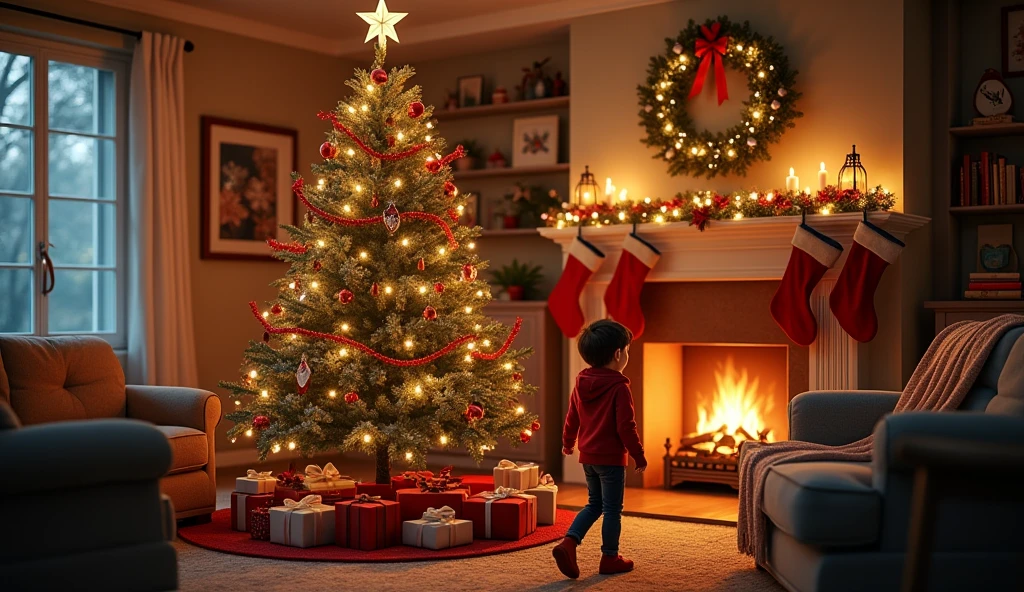 New Year's card: the living room of a large house is decorated with a Christmas tree, Children and a dog are running around