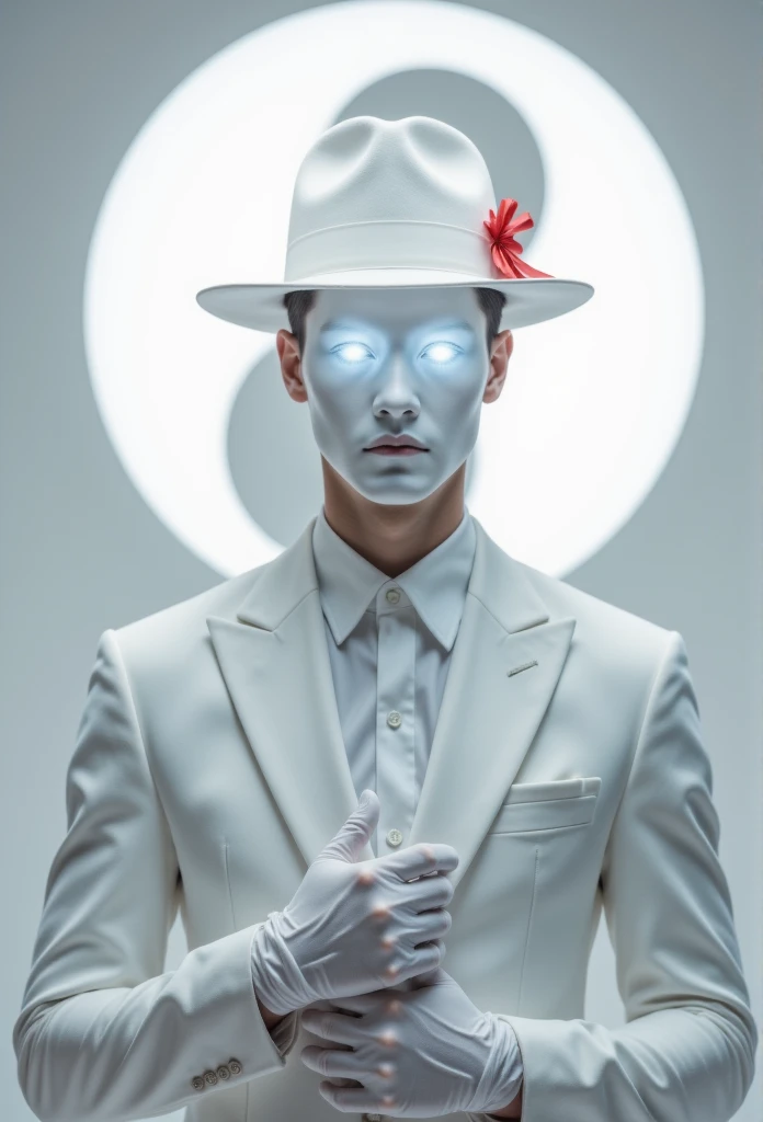 A man wears, white fedora hat with red small ribbon on the side of the hat, white glove, white suit, white glowing face, faceless, yin and yang symbol on behind