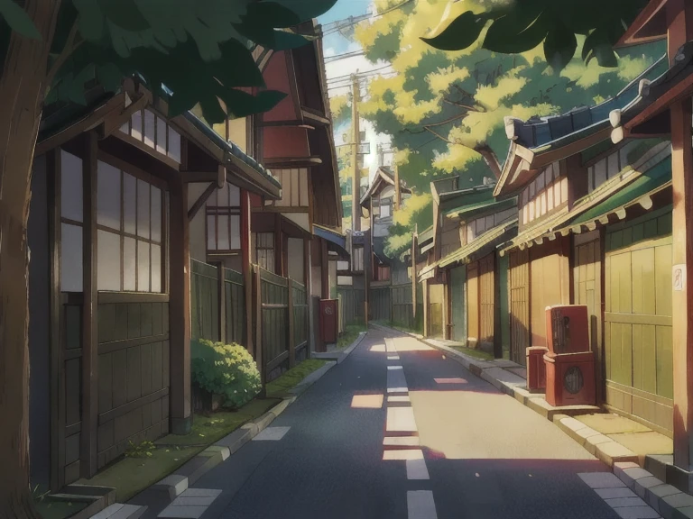 anime style, street with some traditional japanese houses, trees, in day light