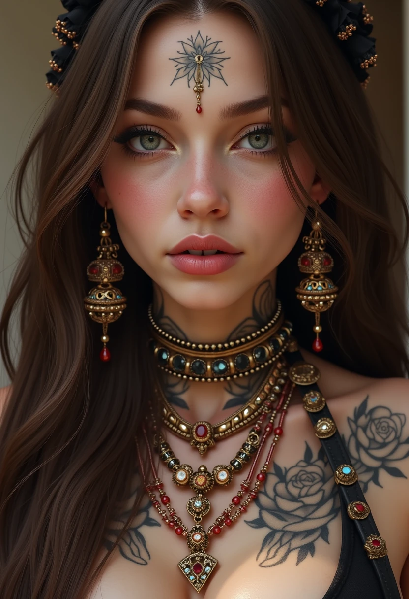 "A hyperrealistic close-up portrait of xevbell with long, sleek brown hair cascading down her shoulders. Her facial features are strikingly defined, with expressive eyes and soft, natural skin texture. She is adorned with intricate and luxurious jewelry: ornate necklaces, layered bracelets, and dangling earrings with gemstones that catch the light. Her face and neck are decorated with beautiful, artistic tattoos featuring floral and geometric designs, blending seamlessly with her jewelry. The image is extremely detailed, capturing every strand of hair, the glint of metal, and the texture of her tattoos with lifelike precision."