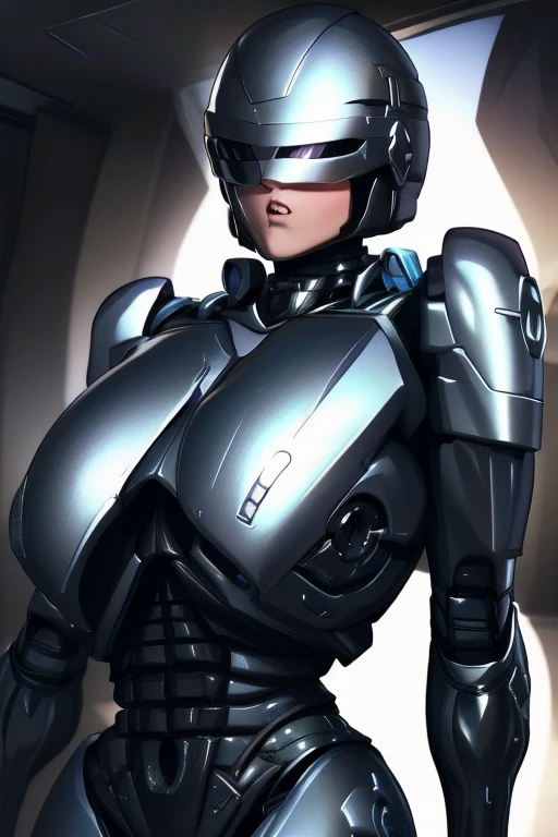 High-quality, (complete image)  A cool and charming face, RoboCop armor,  RoboCop helmet,  A beautiful and sexy young woman, 18 years old,  Toned and muscular,  Cool and attractive,  Sharp eyes,  Big breasts.