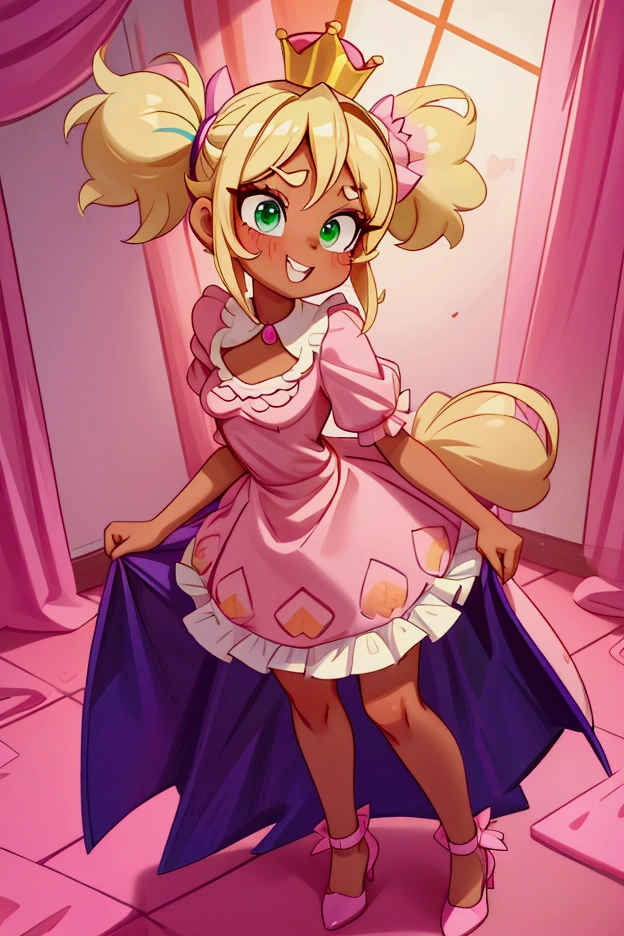 (Masterpiece, best quality) Mandy brawl stars, 1 girl, standing indoors with intricate details and sunlight, magenta and white frilled dress with short neckline, purple high heel shoes, crown in head, blonde medium long  hair, two ponytails, green eyes, blue, dark brown skin, sexy smile, bad girl, confidense attitude, teeth showing, sexy pose, coquette, beautiful long legs, mature teen girl, gorgeous body, pronounced breasts.