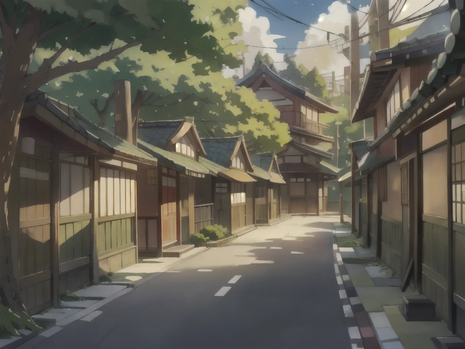 anime style, street with some traditional japanese houses, trees, in day light