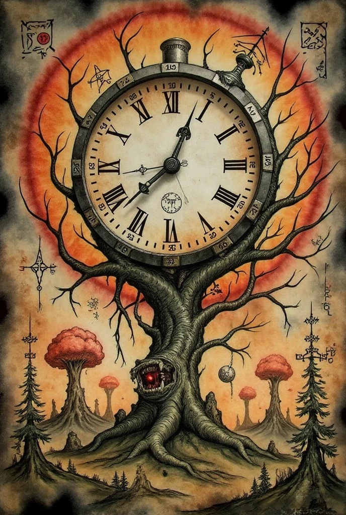 a painting of a clock on top of a tree, peter gric and dan mumford, synthesizer, nuclear mushroom, by Ben Templesmith, a large sphere of red energy, vril, ( ( abstract ) ), connectedness, #conceptart, exterminatus, ( ( ( horror art ) ) ), algorithm, transmetal ii, antennae