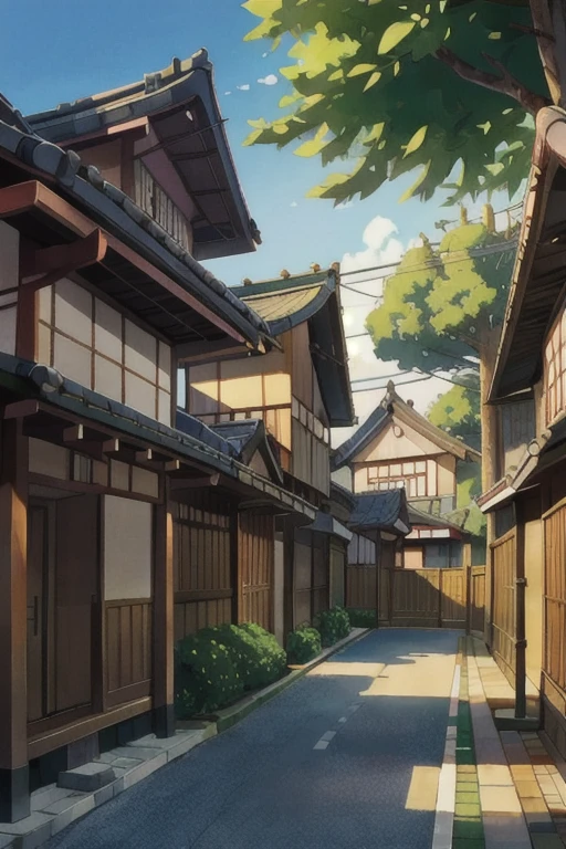 anime style, street with some traditional japanese houses, trees, in day light, still look modern