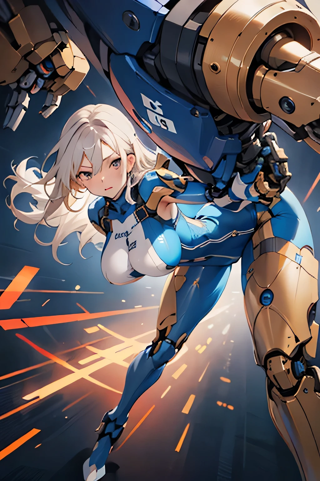 1woman, solo,long hair, blonde, detailed eyes, big breasts, 165 cm tall, (prosthetic mechanical arms and legs), cyber bodysuit, blue and silver fullbody shot, Dynamicangle,(cinematic lighting, close-up, super detail, UHD) ,Fighting, sharp,