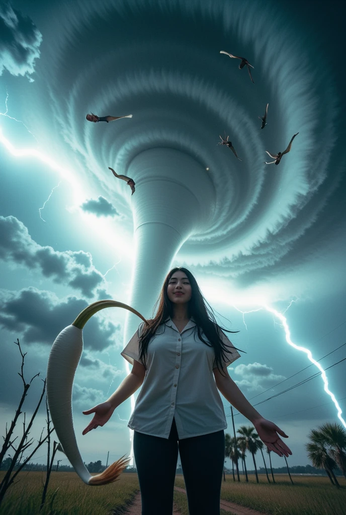  masterpiece, super detail, High Detail,  top quality,  high-resolution icon , 8K),  Taiwanese woman hands in front of the camera live hair in the wind waving randomly. Simple shirt dress . Pants to the feet. background :  Huge tornado : 1.3,  Giant shark ,  trapped in tornado ,  Terrible Tooth Tornado , There is thunder ,  Long slender Japanese white radish dancing in the air, field,  movie poster ,  artwork 