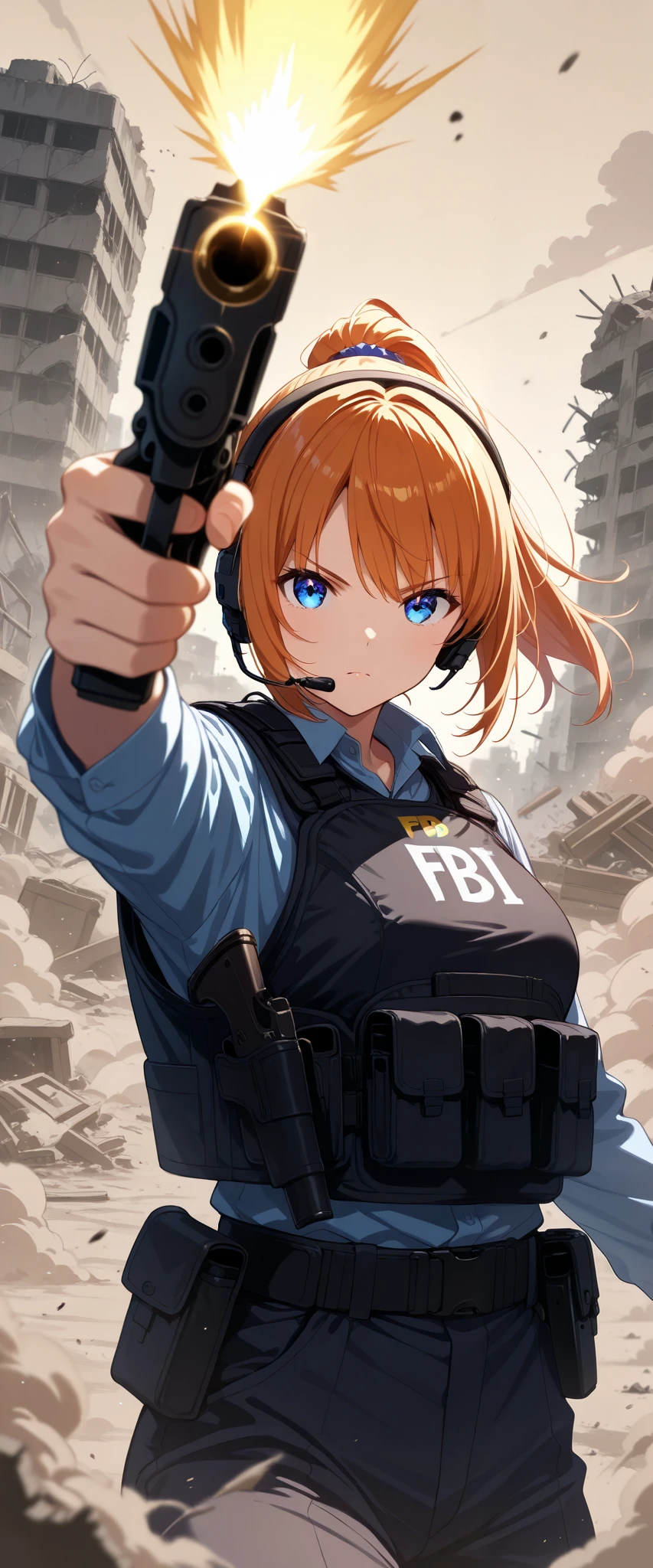 One Woman, Ponytail,Beautiful Eyes,Beautiful Hair,Beautiful Skin,Beautiful Face,serious,whole body,(pointing pistol:1.6),Pistol,("FBI"),shirt,Black bulletproof vest,Combat Boots,Black Tactical Forster,Tactical Headset,(The background is the rubble of ruins),(depth of field),(Dust dances ),( Dynamic:1.3),( upper body up ),(Close-up of the gun barrel),(美しい瞳),(風になびく髪:1.0),(Firing a gun)