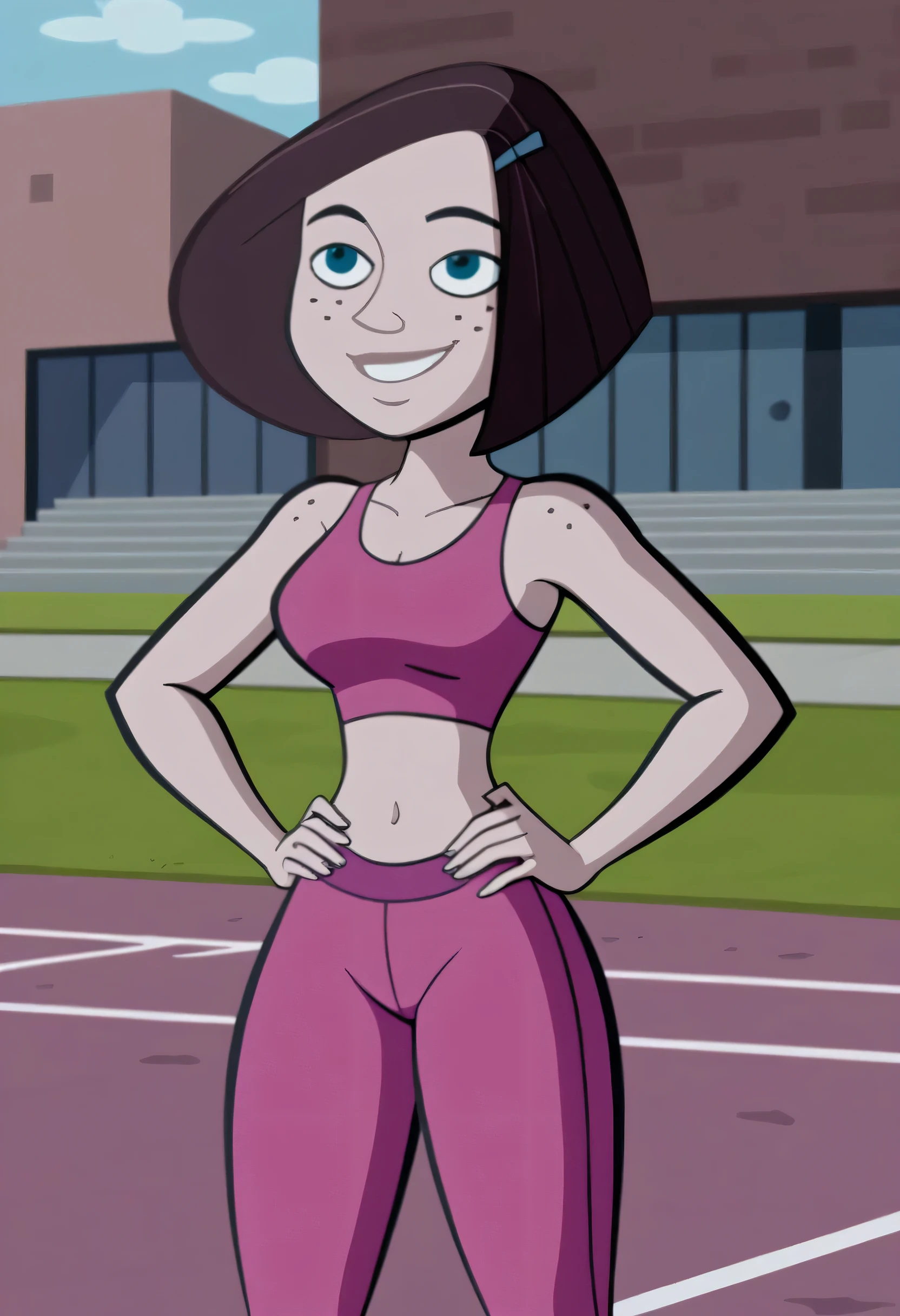 1 girl, riley fairfeather, freckles, dark skin, dark-skinned female, purple eyes, short hair, green hair, multicolored hair, very short hair, black hair, undercut, gradient hair, two-tone hair, piercing, ear piercing, nose piercing, in the gym, high cut leotard, <lora:riley_fairfeather:1>