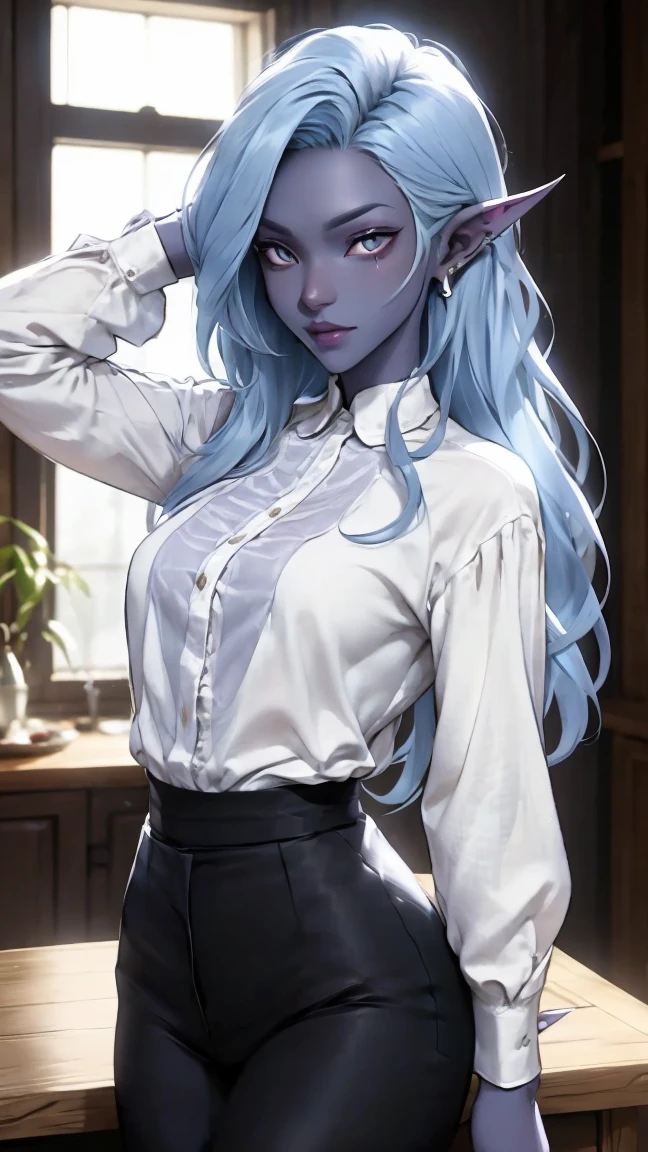 drow, female,  pointy ears , wearing a homemade white shirt in a cozy home environment