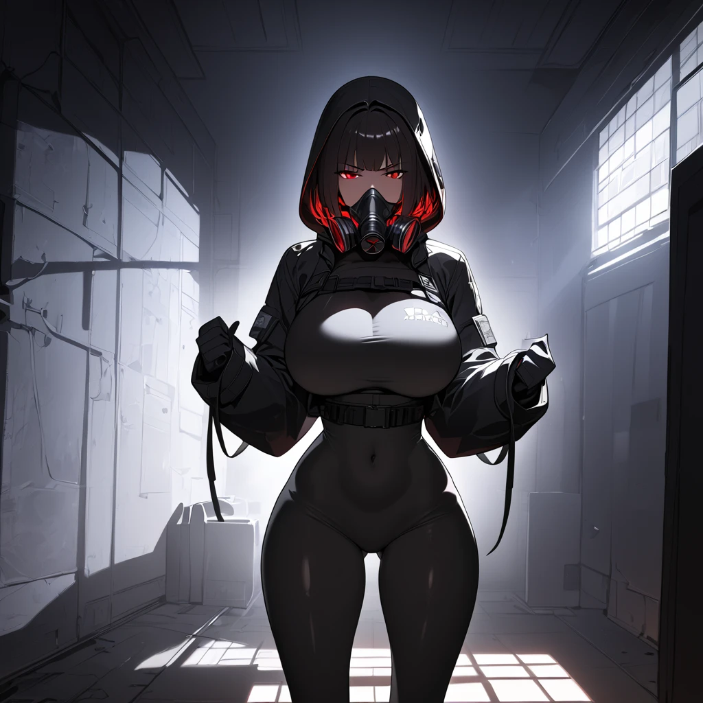 (masterpiece:1.4), (best quality:1.4), (super detailed:1.2), score_9, score_8_up, anime girl with gas mask, black bomber jacket with hood, exposed navel, wide hips, (large breasts:1.2), black bob cut hair, heavy makeup, (dark silhouette:1.3), glowing red eyes in darkness, (dimly lit:1.3), dark indoor background, full body shot, glaring at viewer, obscured by shadows, mysterious atmosphere