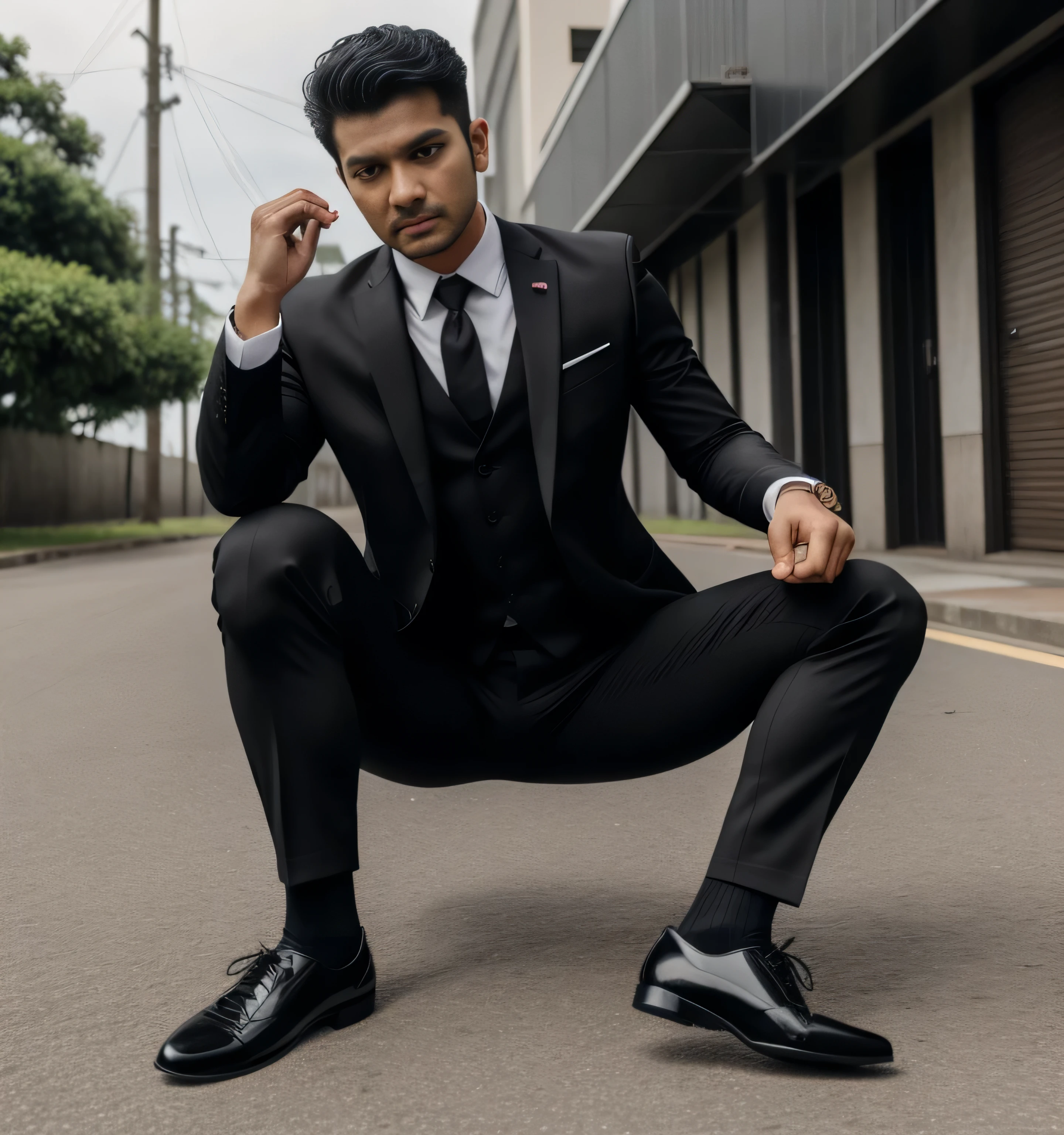 28-year-old male、 black suit、 black slim pants、mafia、Vacant lot、カッコイイ battle pose、 The crotch part of my pants is swollen ,Gay , Short hair perm、 stubble, Sri Lankan face、 Shocker's Sberto。 battle pose upper body up black suitのmafia Black socks