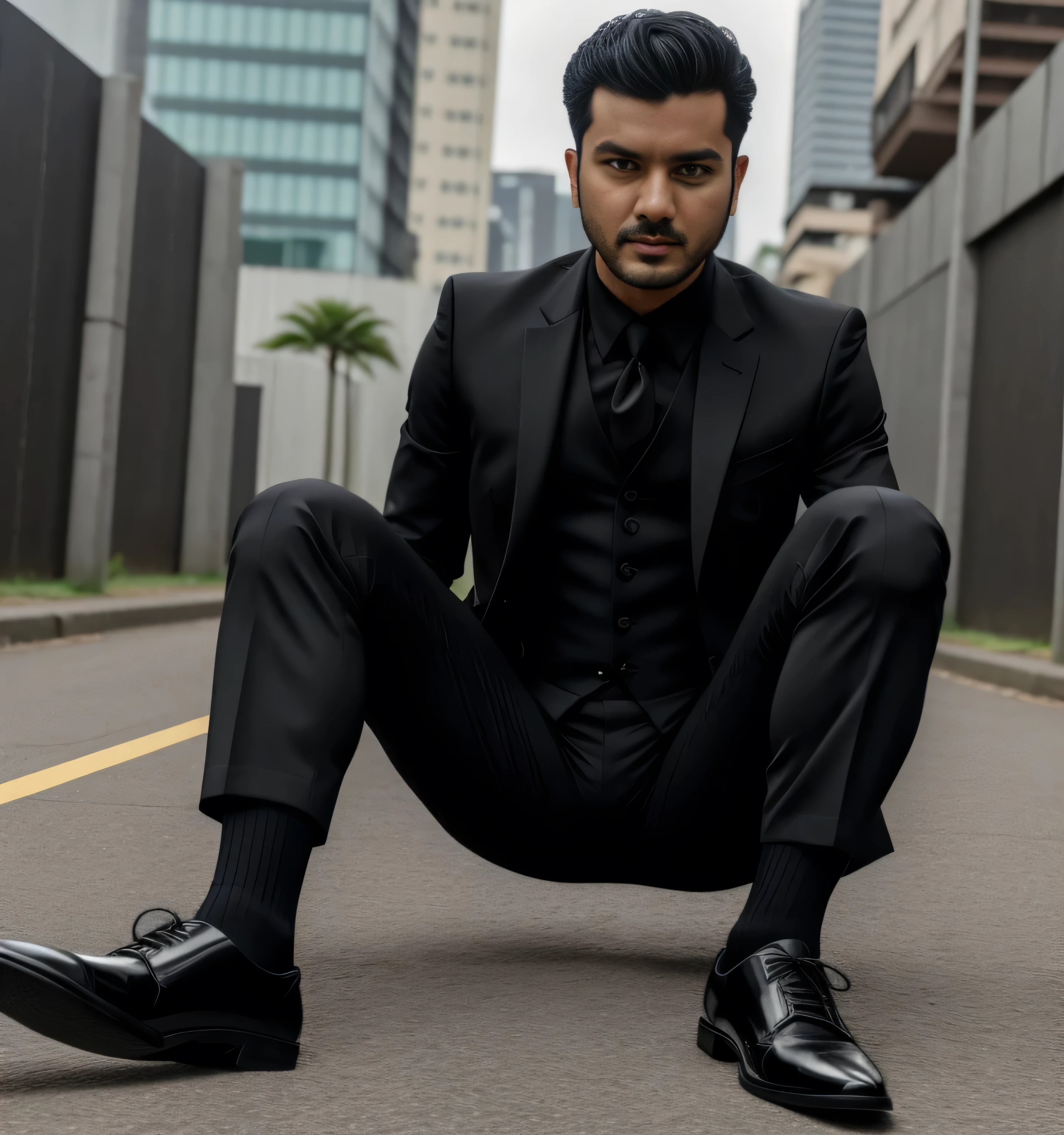 28-year-old male、 black suit、 black slim pants、mafia、Vacant lot、カッコイイ battle pose、 The crotch part of my pants is swollen ,Gay , Short hair perm、 stubble, Sri Lankan face、 Shocker's Sberto。 battle pose upper body up black suitのmafia Black socks