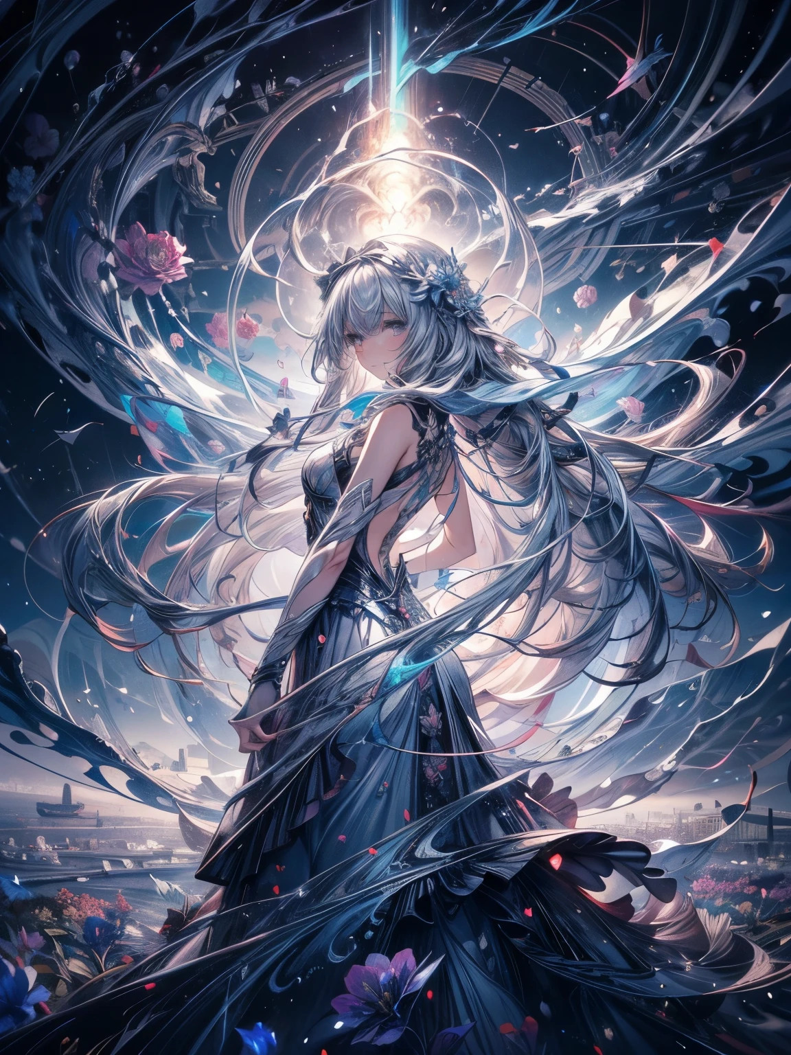 Break, waves,  1 girl, No.18,   Extremely long hair  ,  Silver Slit Dress, 
Flowers Bloom ,  galaxy,  Spiral Nebula , birds,   Like a Dream ,
 is the best quality, masterpiece,  ultra-high resolution , illustration, Deep Shadows, edge light, 