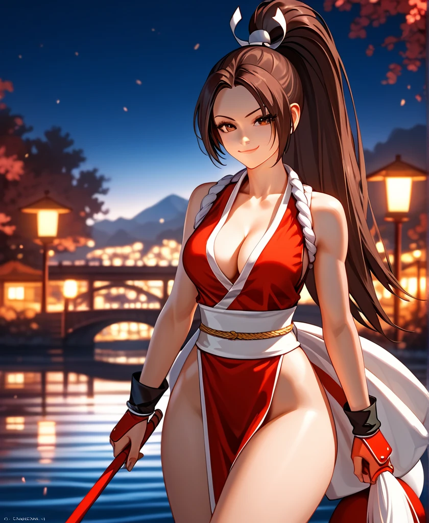 [mai shiranui], [fatal fury], [king of fighters], ((masterpiece)), ((HD)), ((high res)), ((solo portrait)), ((waist up)), ((front view)), ((beautiful rendering)), ((detailed shading)), ((intricate details)), ((cinematic lighting)), {(beautiful woman), (long brown hair), (high ponytail), (cute brown eyes), (white reflections in eyes), (long eyelashes), (toned figure), (curvy hips), (thicc thighs), (beautiful legs), (smug smirk)}, {(red and white kunoichi outfit), (cleavage), (thighs visible), (white obi rope around shoulders), (red fingerless gloves)}, {(looking at viewer)}, [ambient lighting, river, bridge, flag]