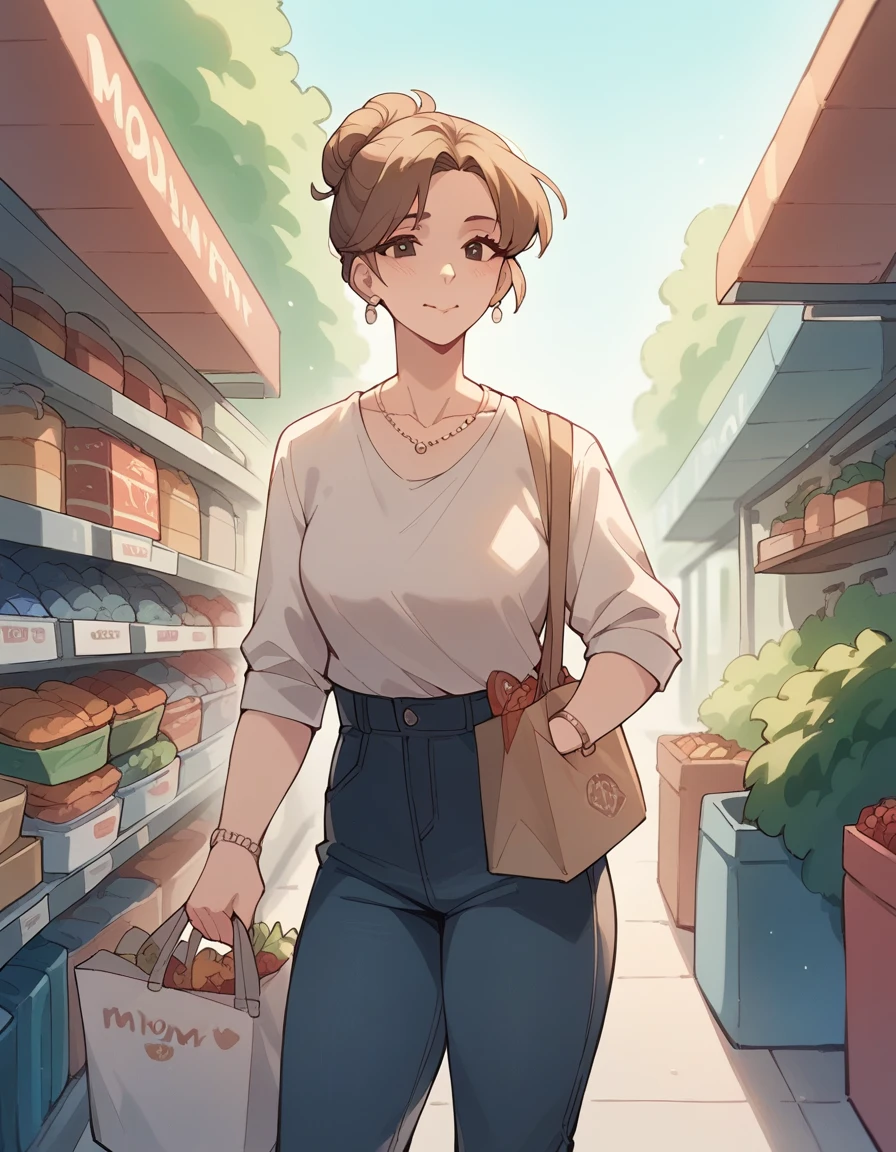 Mom holds a  and goes shopping、