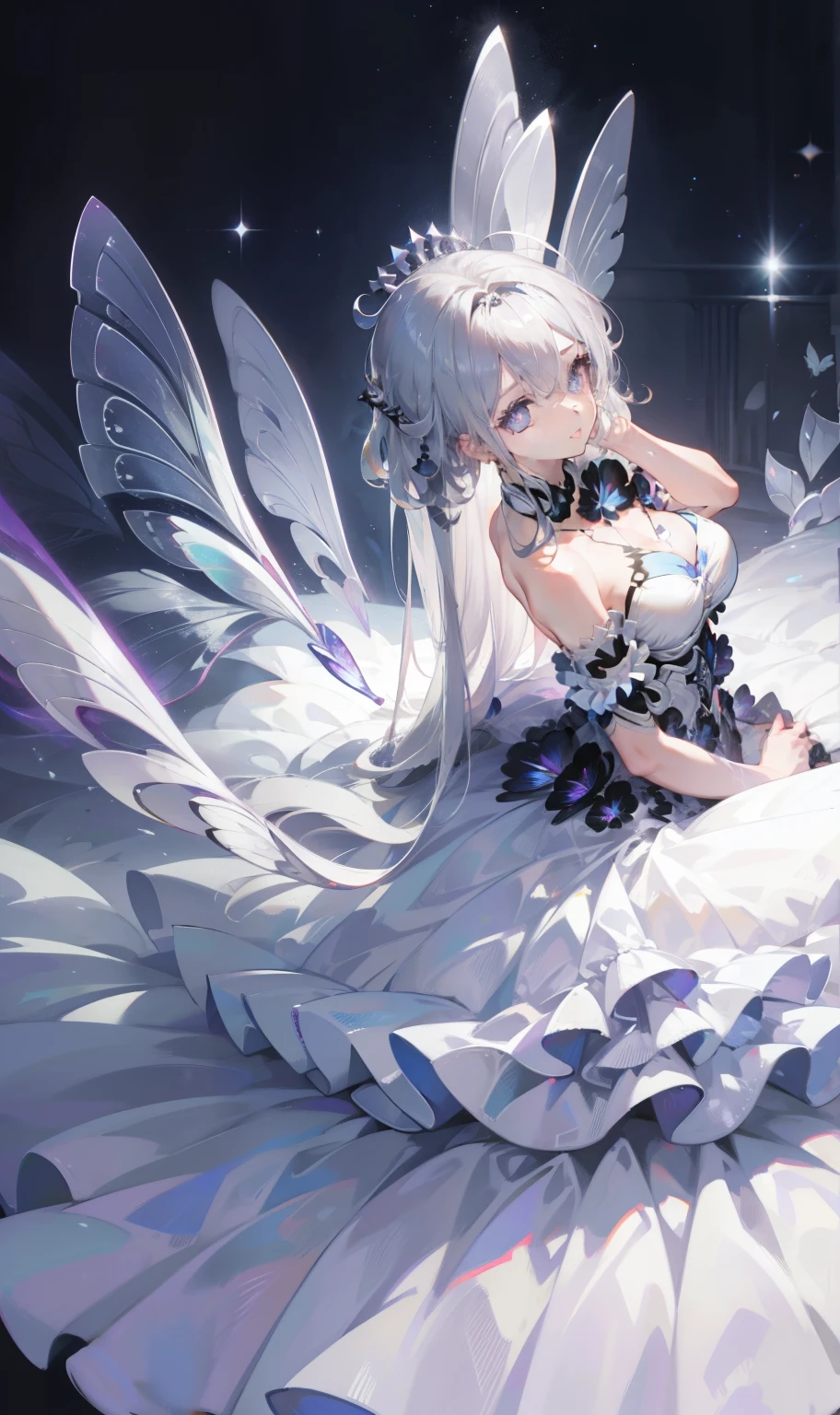Silver Hair,Butterfly, long gray hair , white wedding dress, 8k wallpaper, detailed background, Maximum resolution ,Deep V, hair covering one eye,Strapless wedding dress,Chis,White Rose,Tight, Full Body Photo