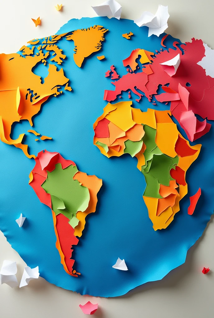 Create a model picture of the world made of colorful A4 paper and mix them together.